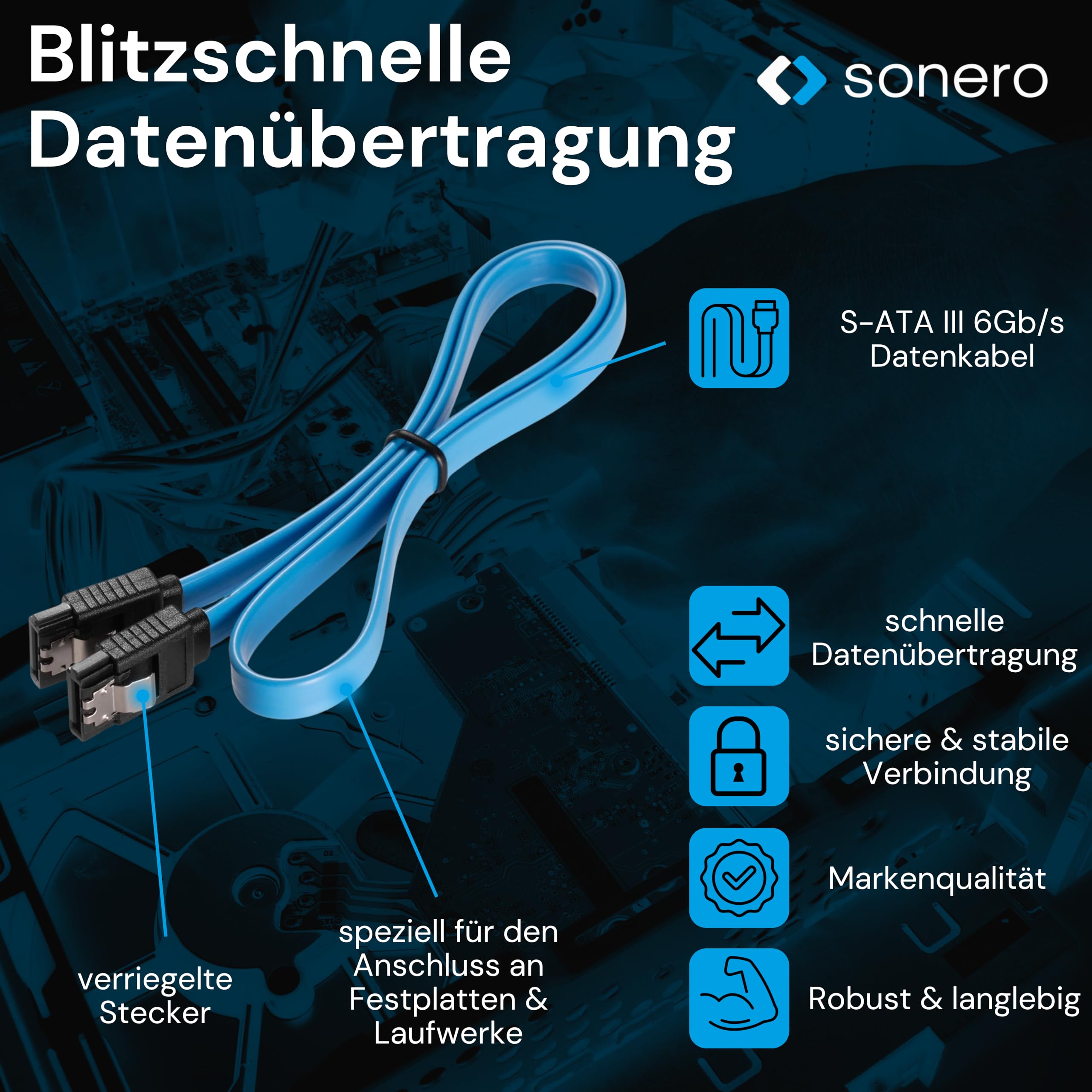 Sonero® SATA III 6Gb/s Datenkabel-Set, 3x 0,50m, blau