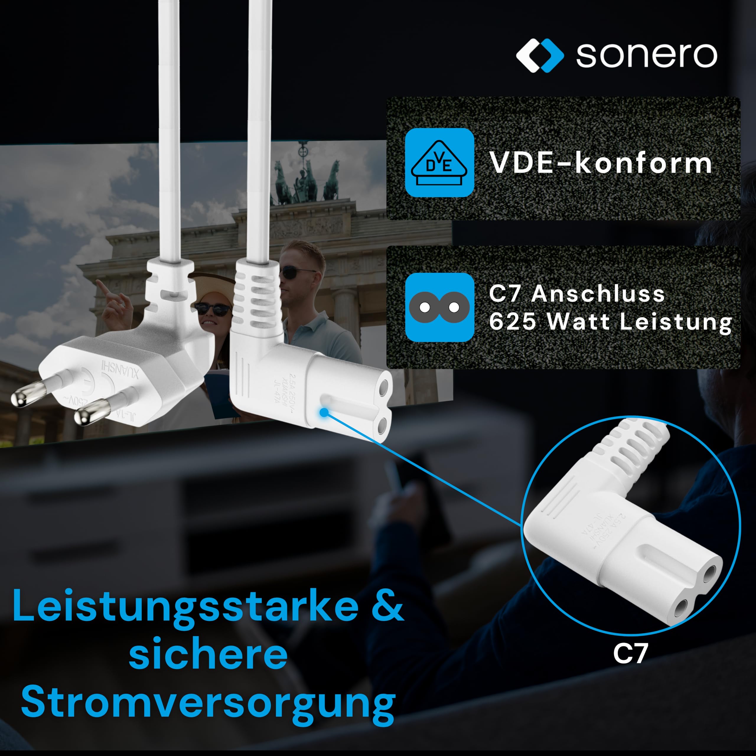 sonero Stromkabel Netzkabel 2 Polig,3,0m, Eurostecker Typ C Netzstecker auf IEC Buchse C7 Euro 8 Stecker, 90° Winkel Netzteil Strom Kabel für TV, PS5, PS4, PS3, Haushaltsgeräte, Weiß