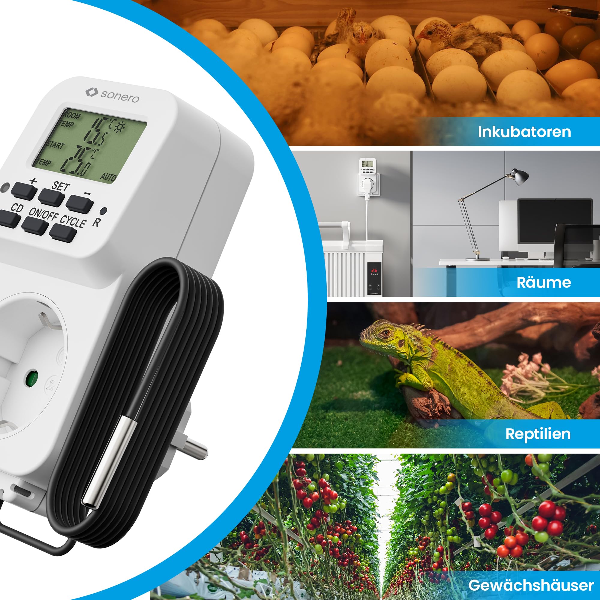 sonero digitales Thermostat Steckdose, Temperaturregler, Heizung, Kühlung, zeitgesteuert mit externem Fühler, für Terrarium, Gewächshaus, Räucherofen, als Frostwächter, 3600 Watt, weiß