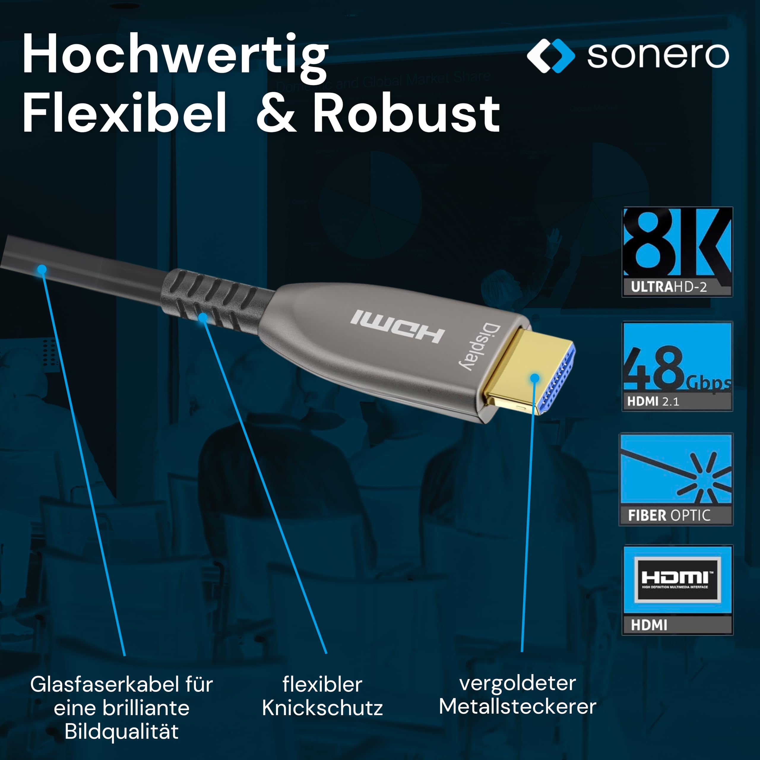 Sonero® 8K-HDMI 2.1 Kabel, Glasfaser-Hybrid-Kabel, Auflösung bis 8K 60 Hz (7680 x 4320) / 4K 120Hz (3840 × 2160), HDCP 2.2 Unterstützug, anthrazit, 50 Meter