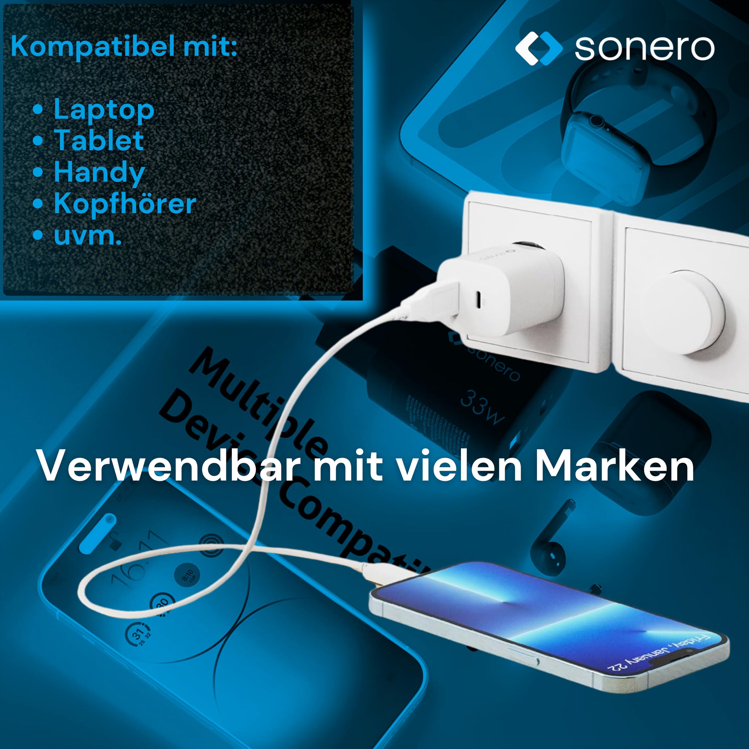 sonero USB C Ladegerät, 2 Port Adapter, Netzteil 33 Watt Schnellladegerät kompatibel mit Apple iPhone 15, Samsung, Tablet, Laptop UVM, Mehrfach GaN QC PD Charger, Weiß