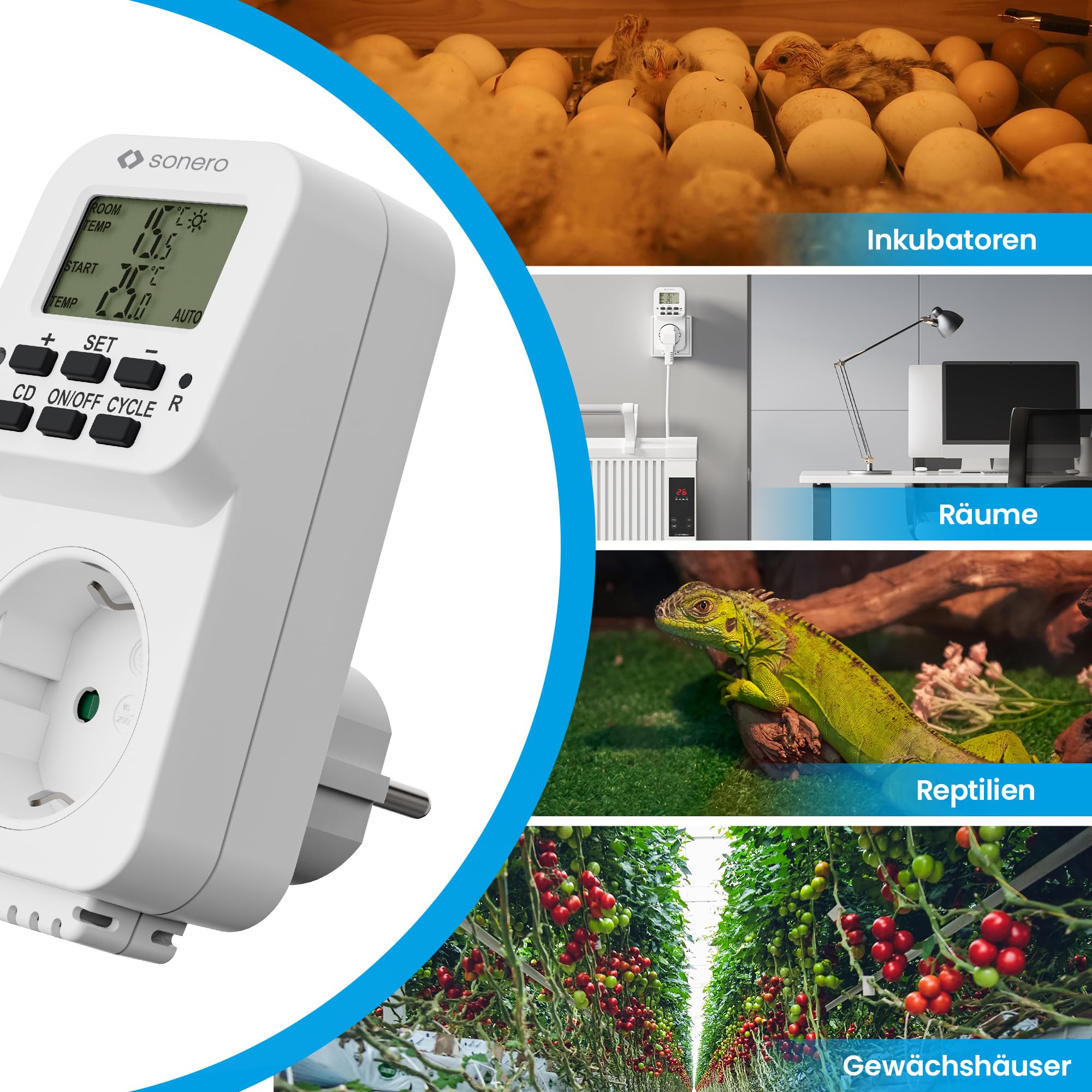 sonero digitales Thermostat Steckdose, Temperaturregler, Heizung, Kühlung, zeitgesteuert mit internem Fühler, für Terrarium, Gewächshaus, Räucherofen, als Frostwächter, 3600 Watt, weiß