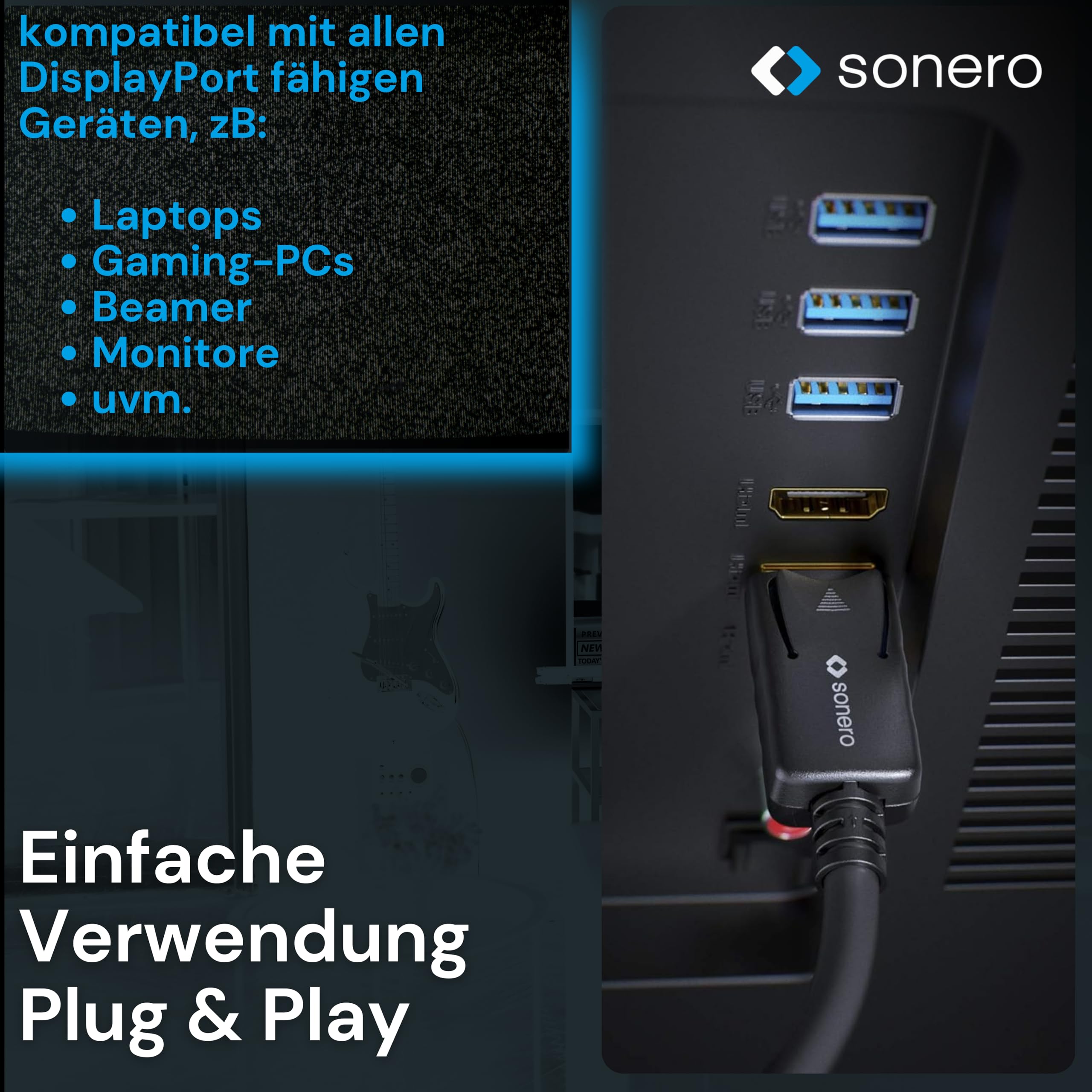 Sonero® 5m DisplayPort Kabel 1.2, DisplayPort auf DisplayPort, 4K 60 Hz, 2K 144Hz, schwarz