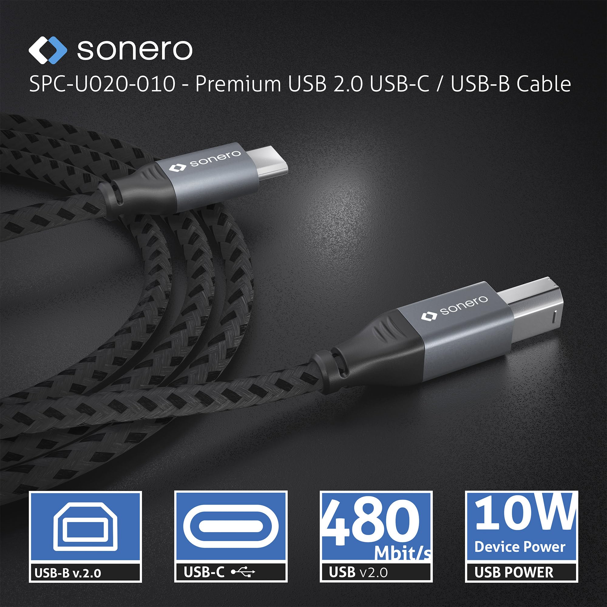 Sonero® USB 2.0 Kabel, Verbindungskabel, Druckerkabel, C-Stecker auf B-Stecker, 480 MB/s, space grey/schwarz, 5,00m
