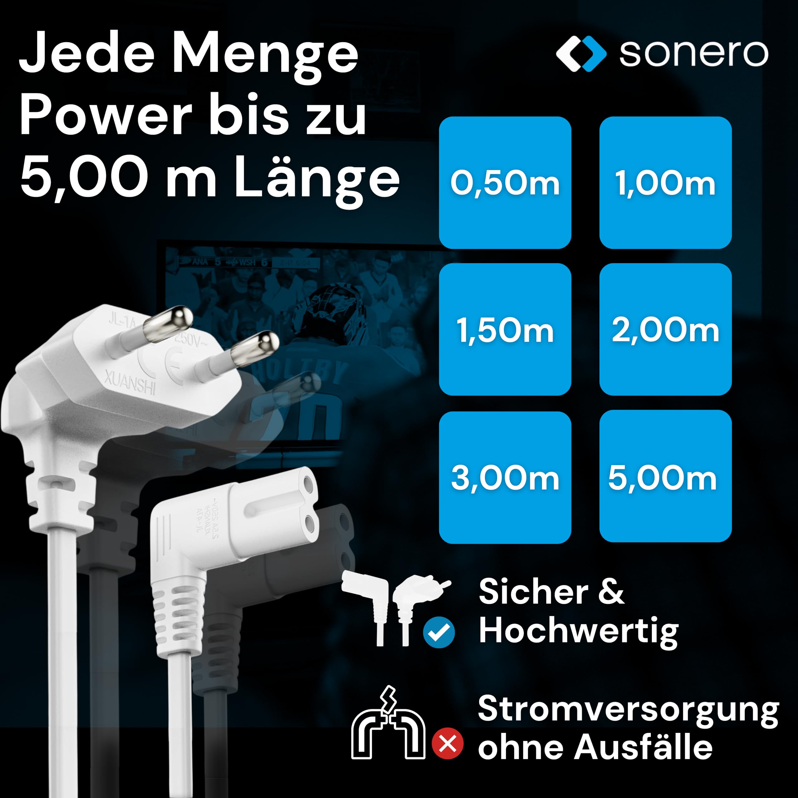 sonero Stromkabel Netzkabel 2 Polig, 1.50m, Eurostecker Typ C Netzstecker auf IEC Buchse C7 Euro 8 Stecker, 90° Winkel Netzteil Strom Kabel für TV, PS5, PS4, PS3, Haushaltsgeräte, weiß
