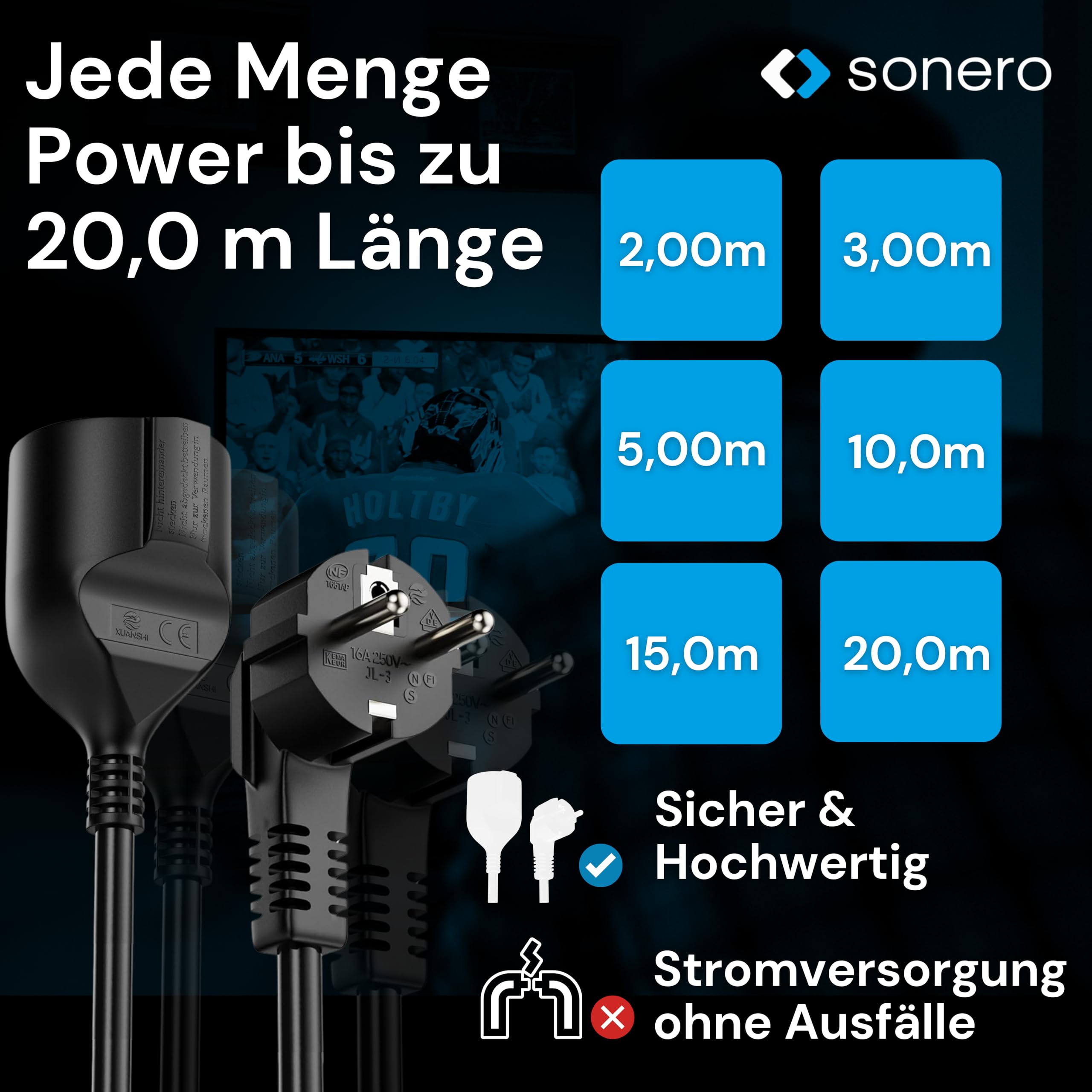 sonero Verlängerungskabel Stromkabel Verlängerung, 2,0m, Schutzkontakt Stecker auf Buchse, Strom Kabelverlängerung, Netzkabel, Steckdosenverlängerung Schwarz