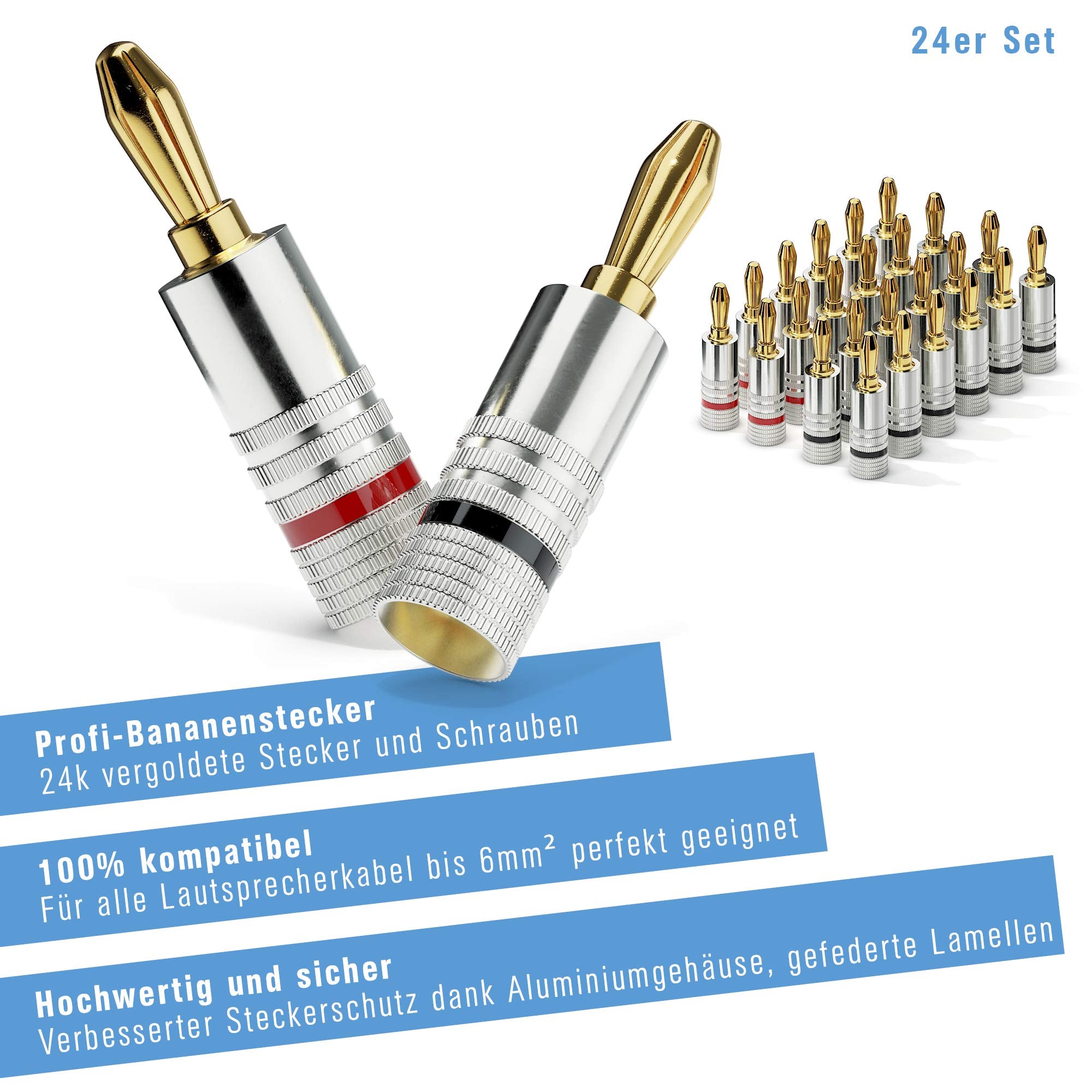 Sonero Bananenstecker 24er-Set, für alle Lautsprecherkabel mit einem Durchmesser bis max. 6mm², 4 Stück mit Farbcodierung (12x rot, 12x schwarz), 24k vergoldet, S-SC000-24, 24-er set
