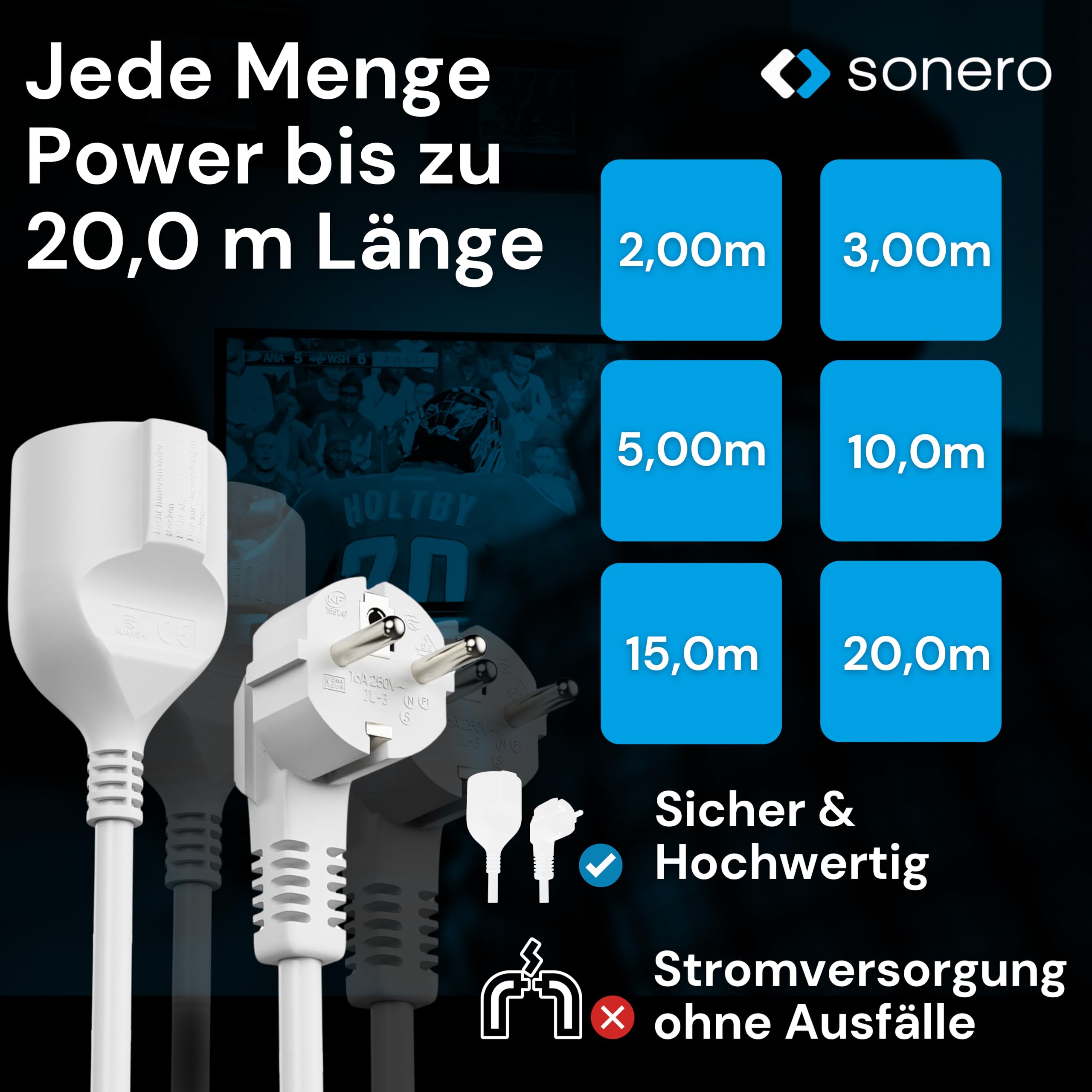 sonero Verlängerungskabel Stromkabel Verlängerung, 5,0m, Schutzkontakt Stecker auf Buchse, Strom Kabelverlängerung, Netzkabel, Steckdosenverlängerung Weiß