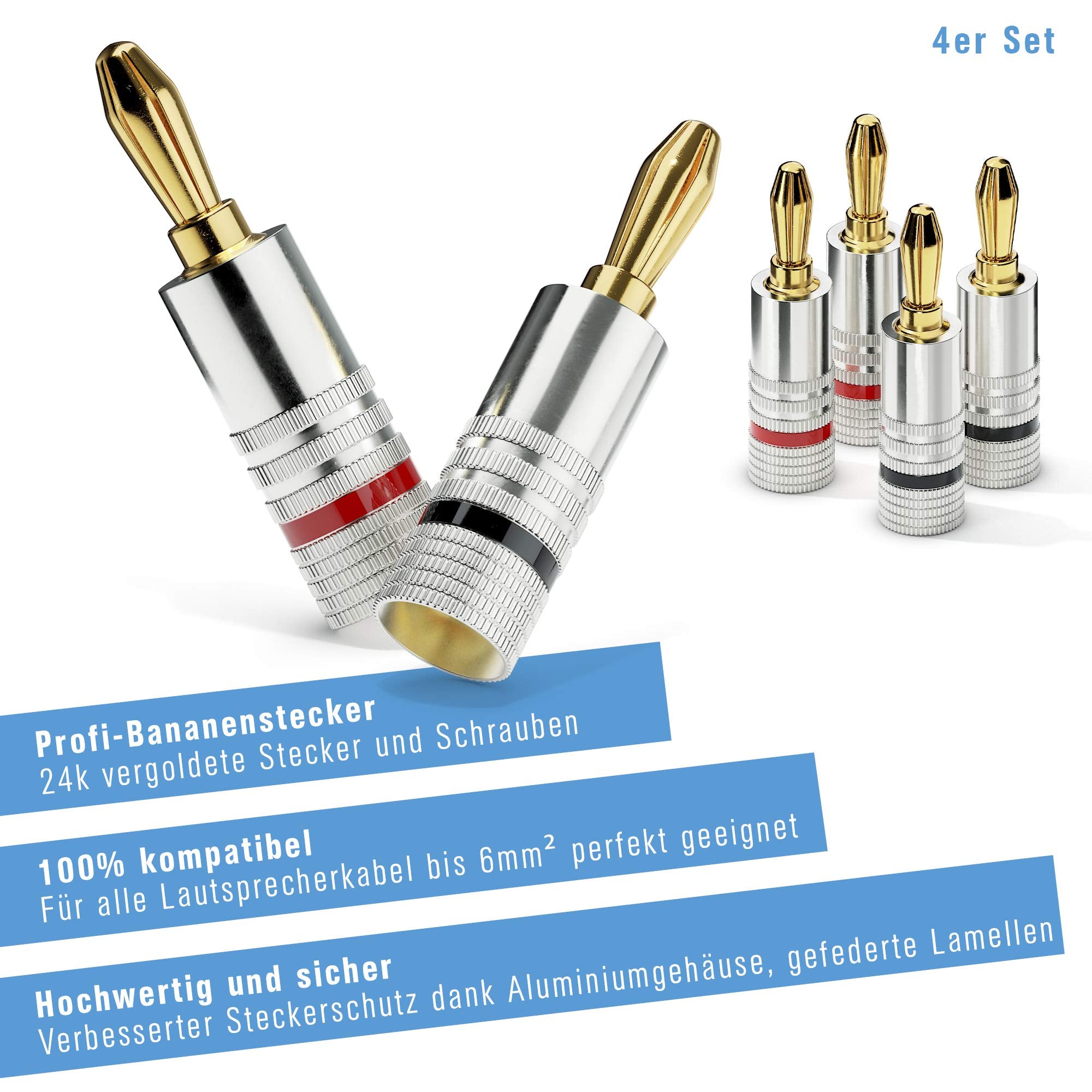 sonero® Bananenstecker 4er-Set, für alle Lautsprecherkabel mit einem Durchmesser bis max. 6mm², 4 Stück mit Farbcodierung (12x rot, 12x schwarz), 24k vergoldet