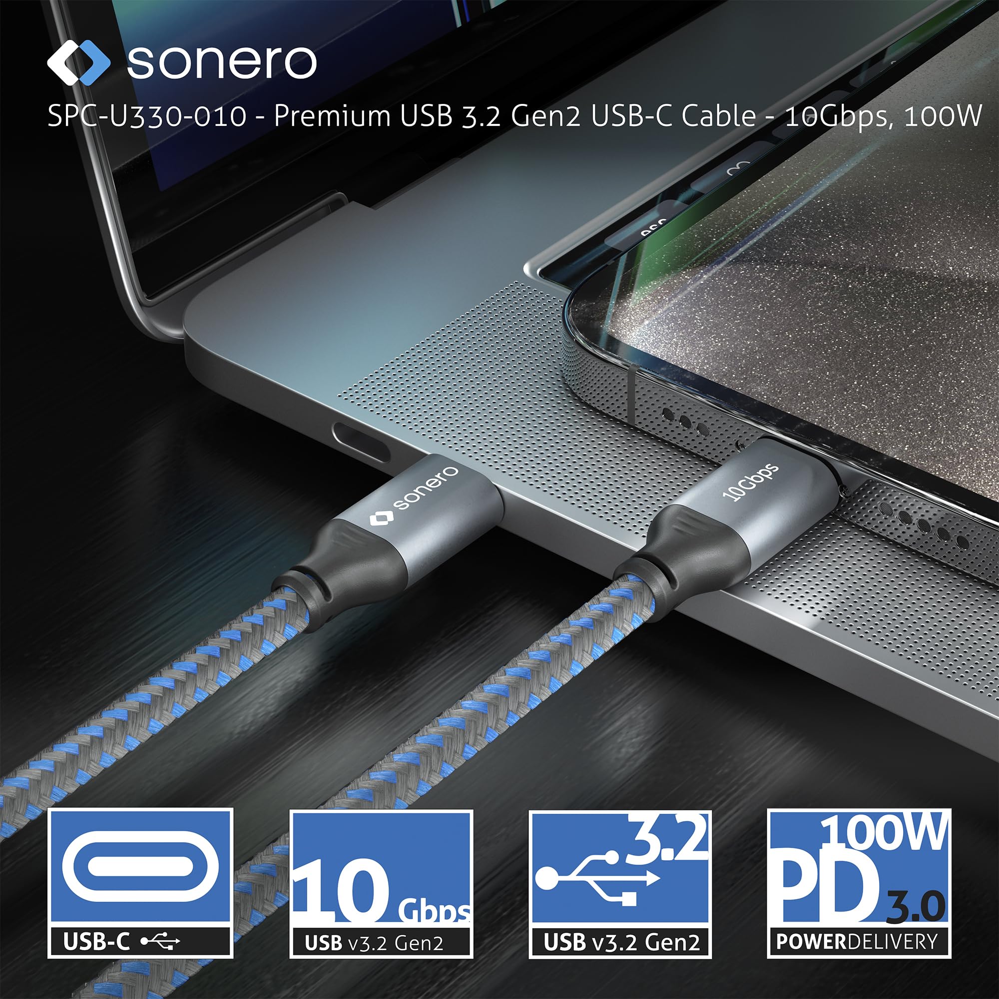Sonero® USB-C auf USB-C Kabel, 4K 60Hz Bildübertragung, USB 3.2 Gen 2, DP Alt Mode, 10 GB/s Datenübertragung, 5A/20V/100W mit E-Marker Chip, grau/blau, 1,00 m
