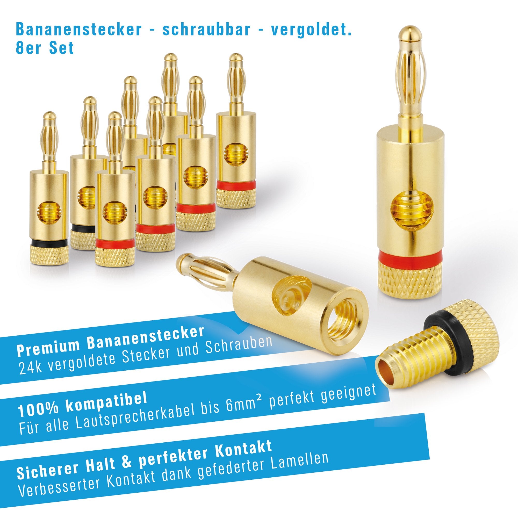 Sonero Bananenstecker Premium (8er-Set) für alle Lautsprecherkabel mit einem Durchmesser von max. 6mm², 4 Stück mit Farbcodierung (4x rot, 4x schwarz), 24k vergoldet