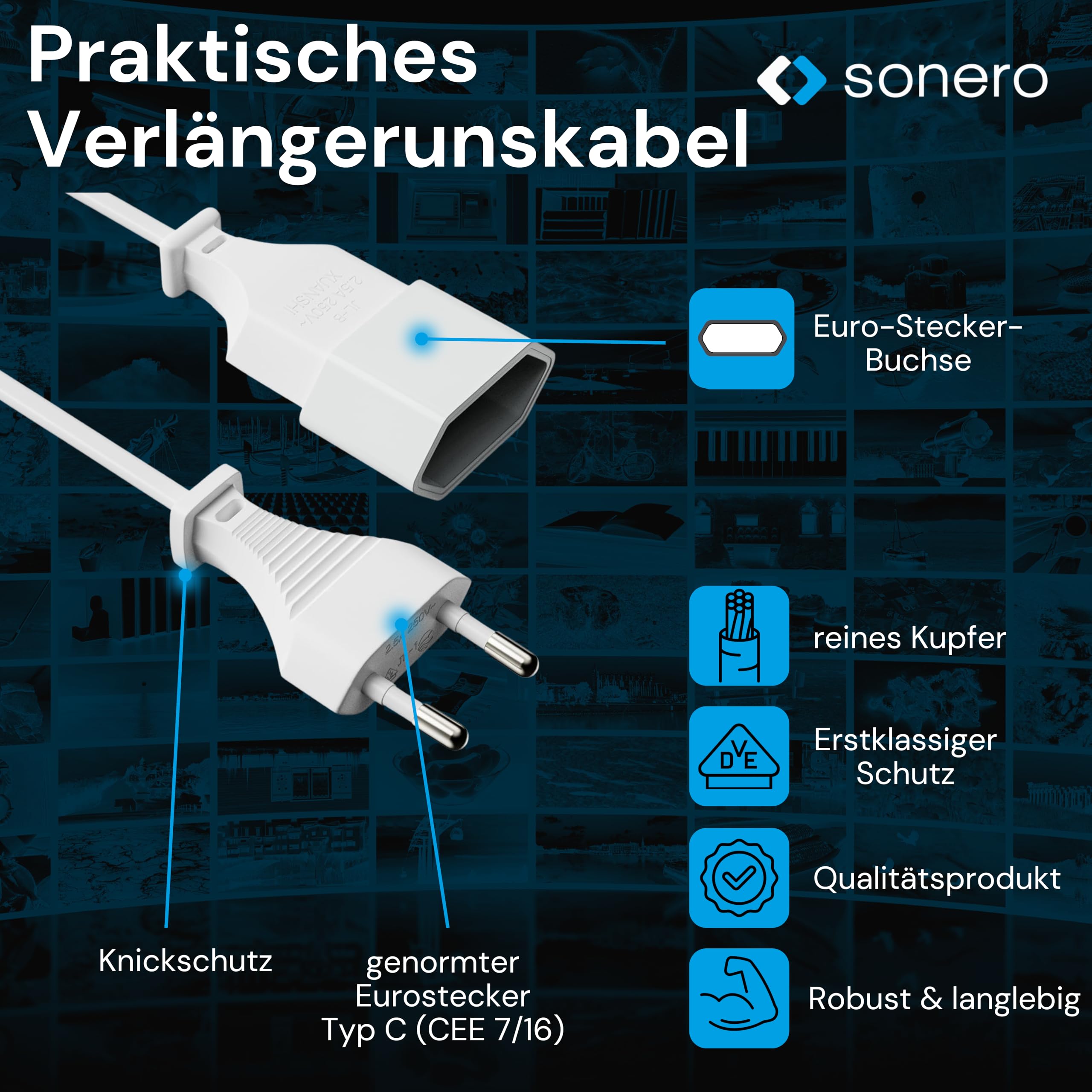 sonero Stromkabel Netzkabel Verlängerungskabel, 3,0m, Eurostecker Flachstecker Typ C Netzstecker auf Euro Buchse, Strom Verlängerung Netzkabel für TV, Spielekonsole, Haushaltsgeräte, Weiß