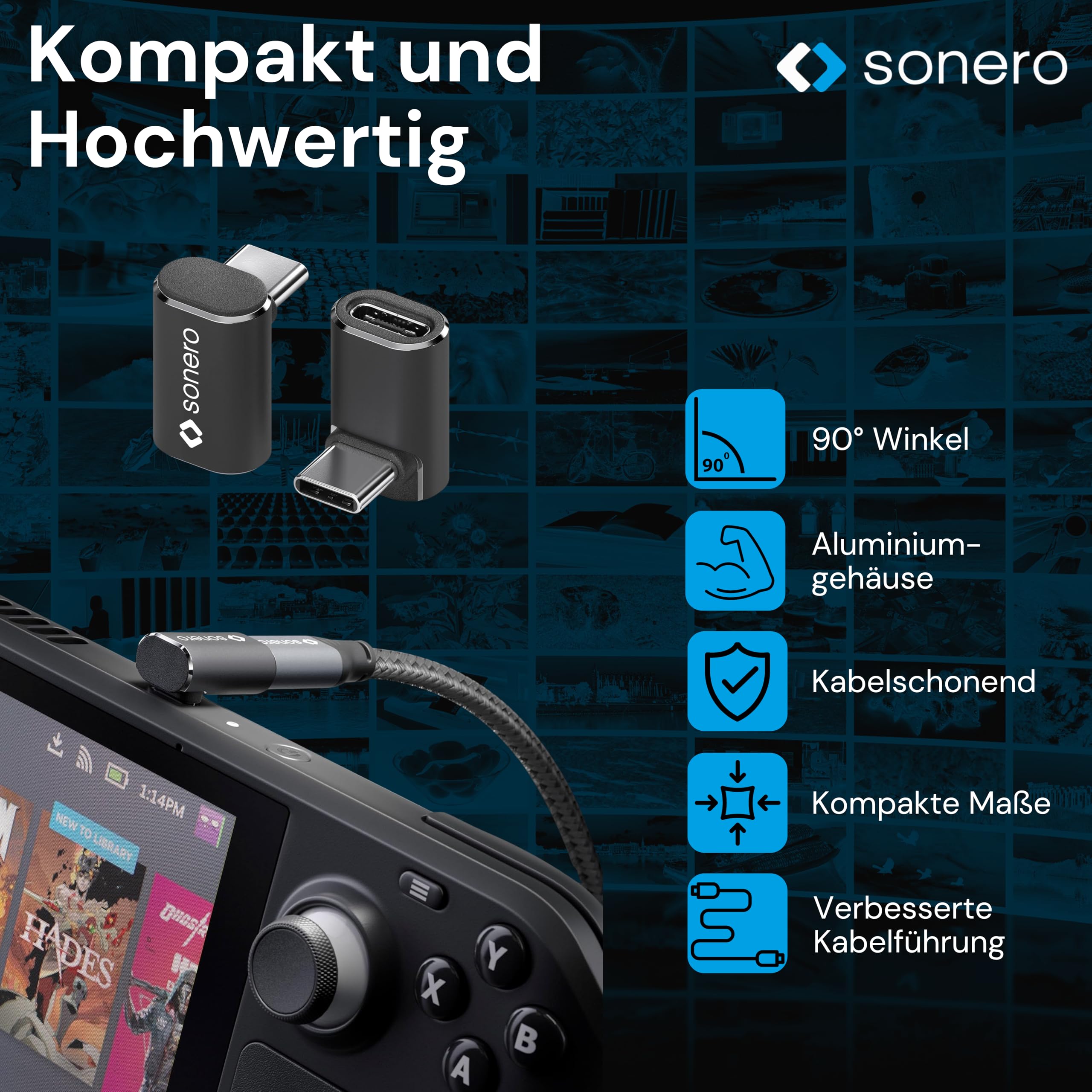 Sonero USB-C Stecker auf 90° Winkel USB-C Buchse (1er), Adapter, 40Gbps, 240W, 8K60Hz, Aluminium Gehäuse, schwarz