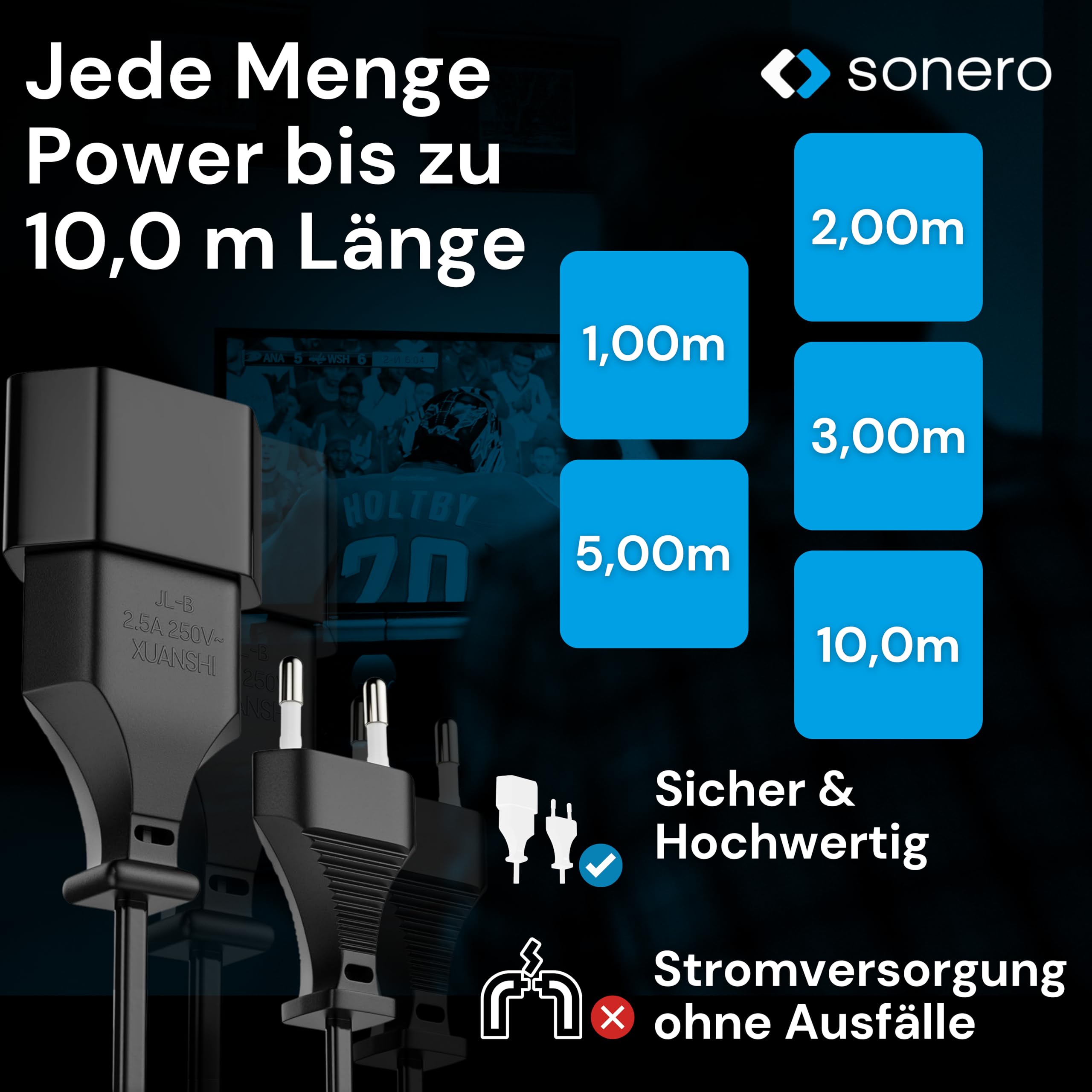 sonero Stromkabel Netzkabel Verlängerungskabel, 2,0m, Eurostecker Flachstecker Typ C Netzstecker auf Euro Buchse, Strom Verlängerung Netzkabel für TV, Spielekonsole, Haushaltsgeräte, Schwarz