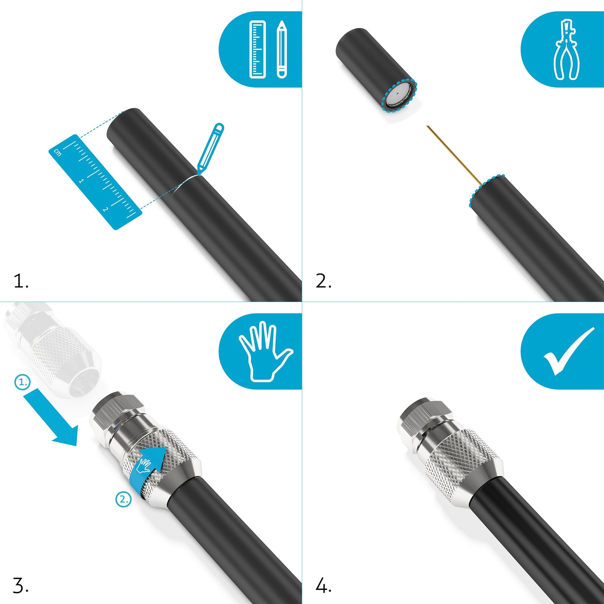 Sonero, F-Stecker für Sat-Kabel, Antennen-Kabel, Koaxial-Kabel mit ⌀ 6,5-7,5 mm, einfache Selbst-Konfektionierung, chrom, 4er-Set