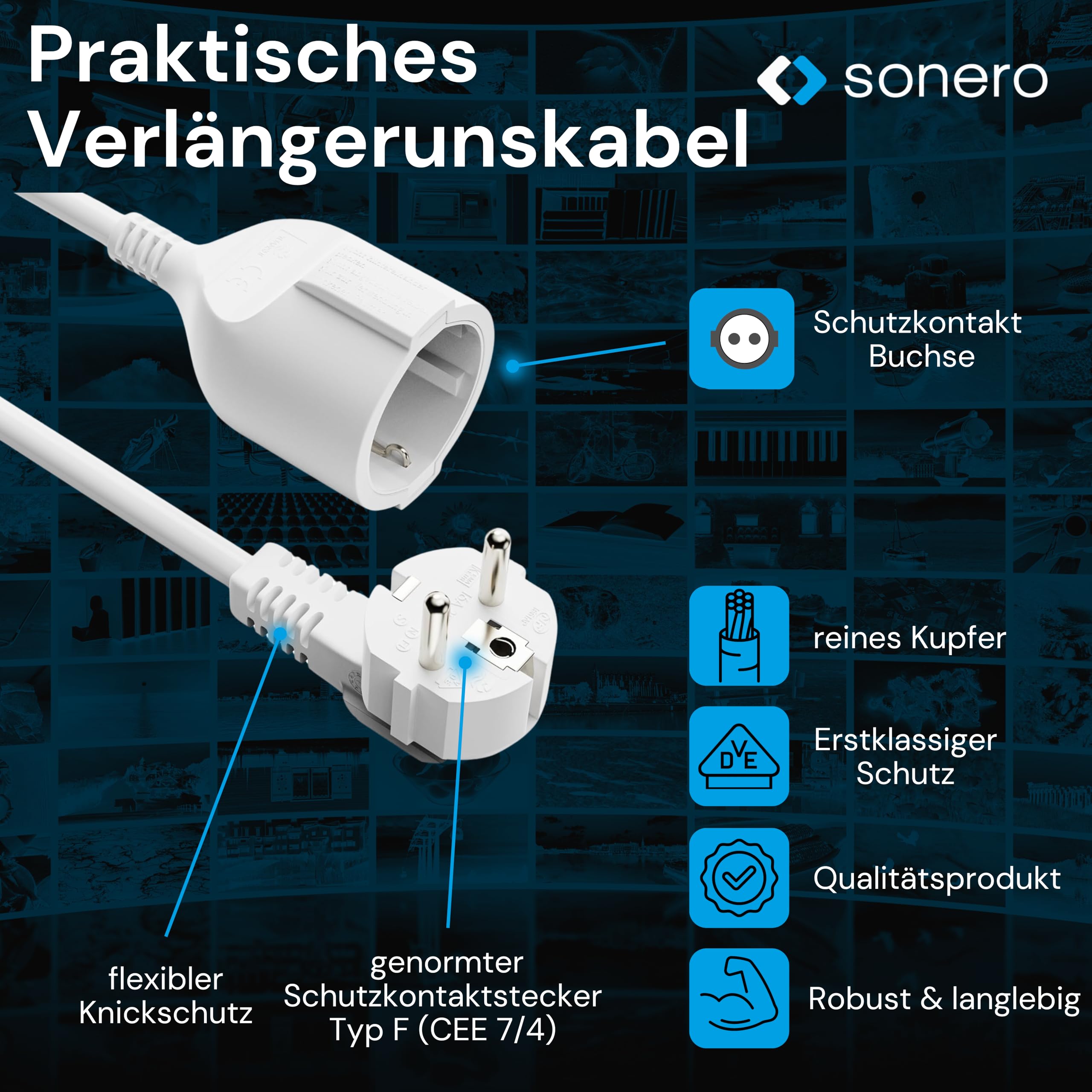 sonero Verlängerungskabel Stromkabel Verlängerung, 5,0m, Schutzkontakt Stecker auf Buchse, Strom Kabelverlängerung, Netzkabel, Steckdosenverlängerung Weiß