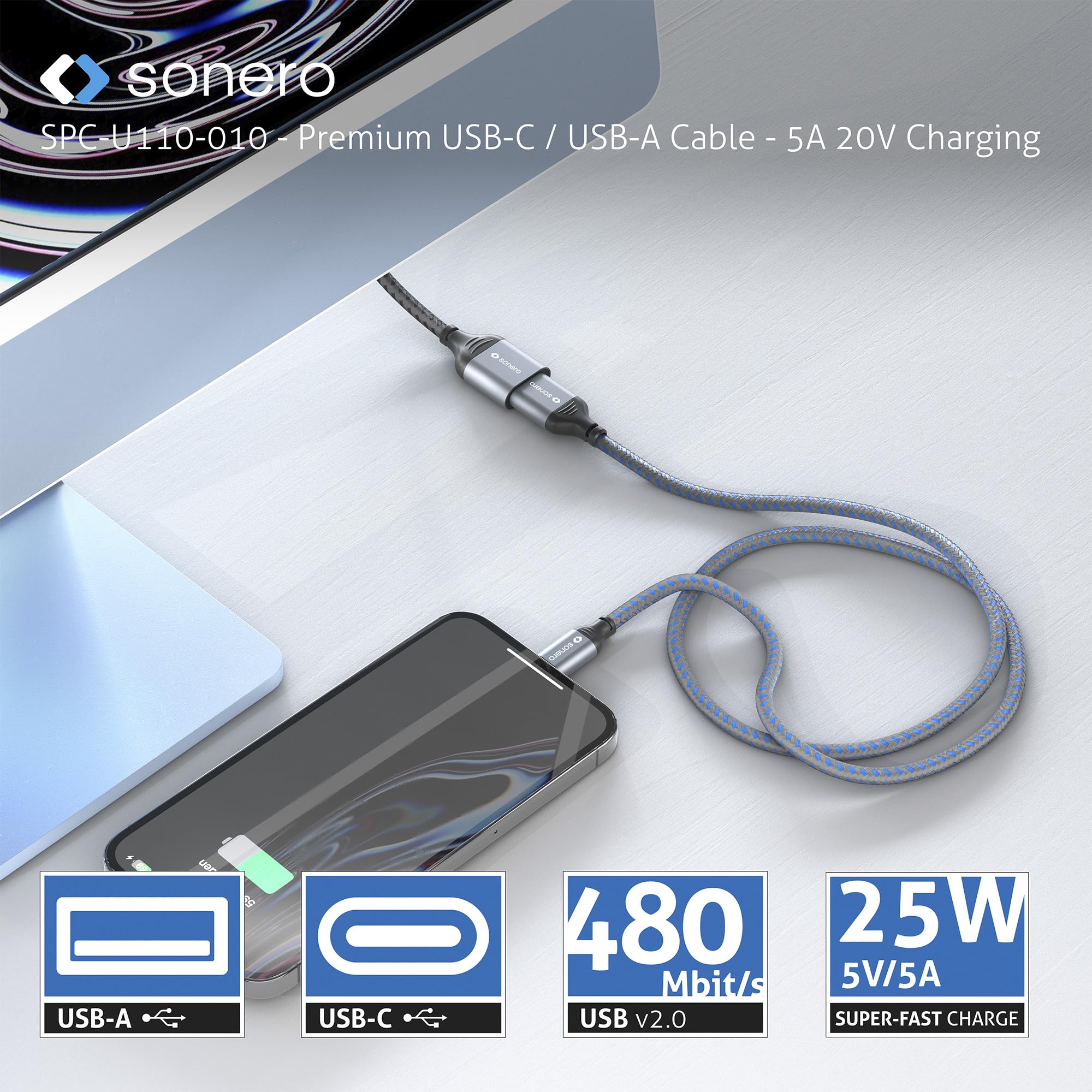 Sonero® USB-C auf USB-A Ladekabel, Schnellladekabel Typ C, 5V/5A, Grau/Blau, 0,50m