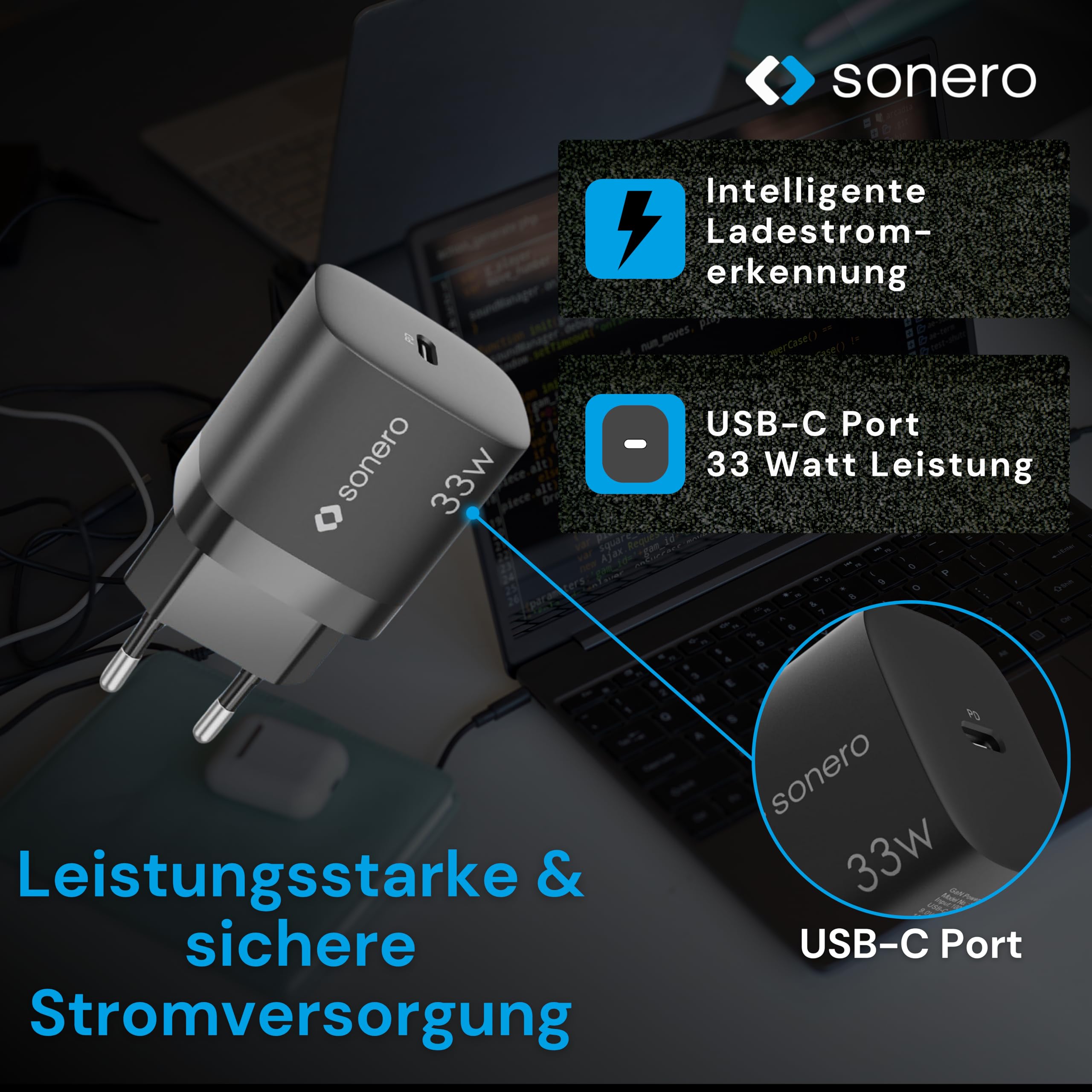 sonero USB-C Ladegerät, 1x 33 Watt USB-C Port, GaN Schnellladegerät, USB-Netzteil, Handy-Ladegerät mit automatischer Ladestromerkennung, schwarz