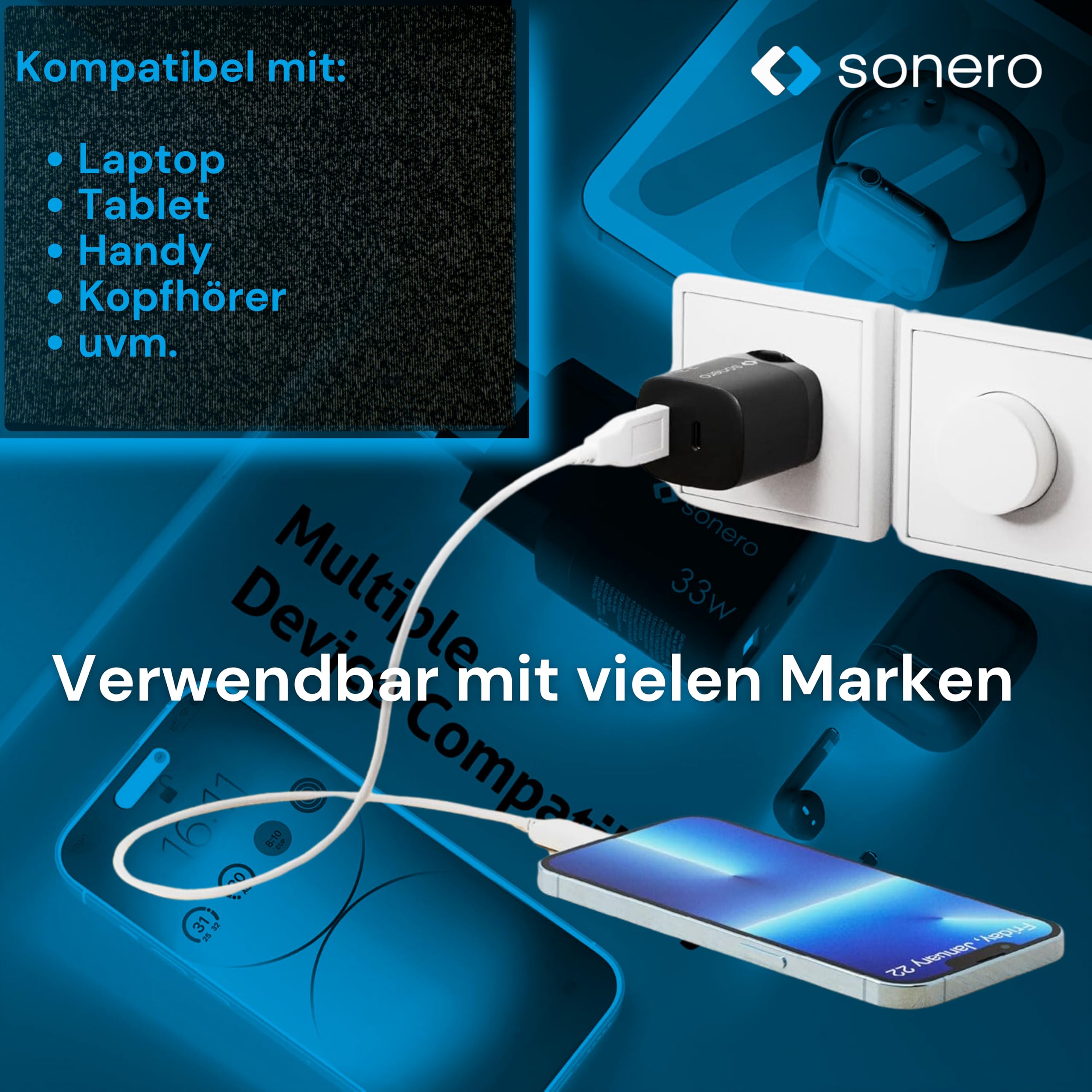 sonero USB C Ladegerät, 2 Port Adapter, Netzteil 33 Watt Schnellladegerät kompatibel mit Apple iPhone 15, Samsung, Tablet, Laptop uvm, Mehrfach GaN QC PD Charger, Schwarz