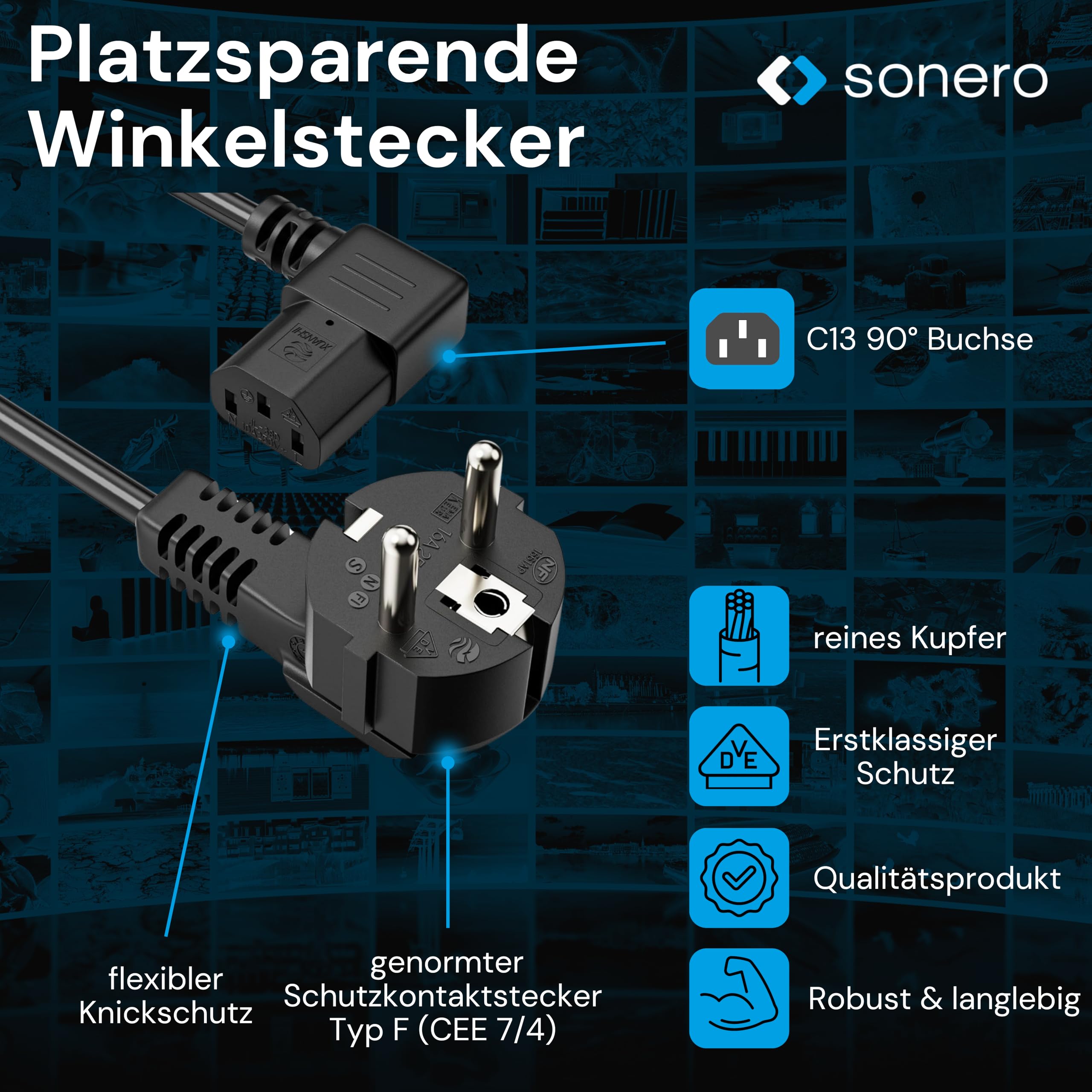 sonero Stromkabel Kaltgerätekabel 3 Polig, 1,0m, Schutzkontakt Stecker Netzstecker auf Kaltgerätekupplung C13 Buchse, 90° Winkel Netzkabel Netzteil Strom Kabel für Monitor PC Drucker, Schwarz