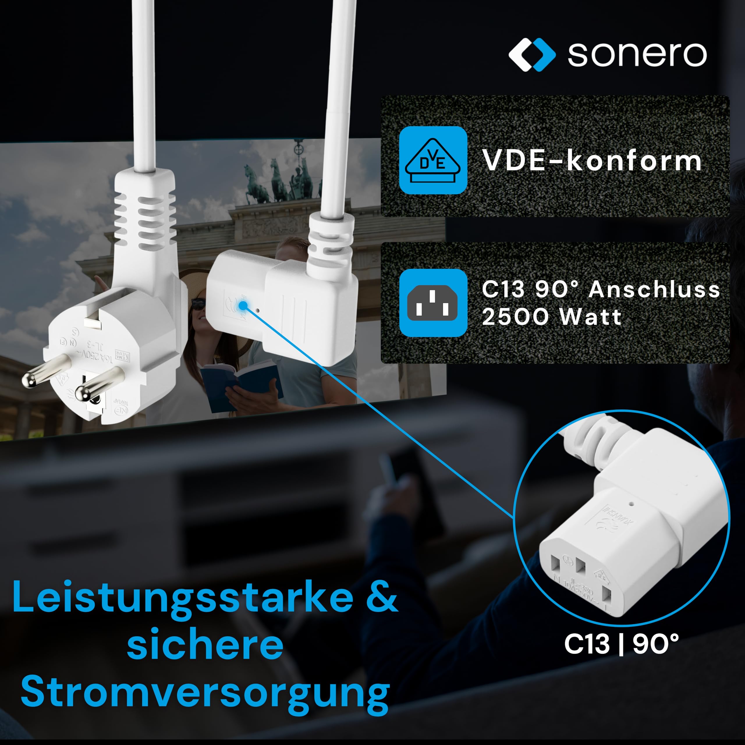 sonero Stromkabel Kaltgerätekabel 3 Polig, 10,0m, Schutzkontakt Stecker Netzstecker auf Kaltgerätekupplung C13 Buchse, 90° Winkel Netzkabel Netzteil Strom Kabel für Monitor PC Drucker, Weiß