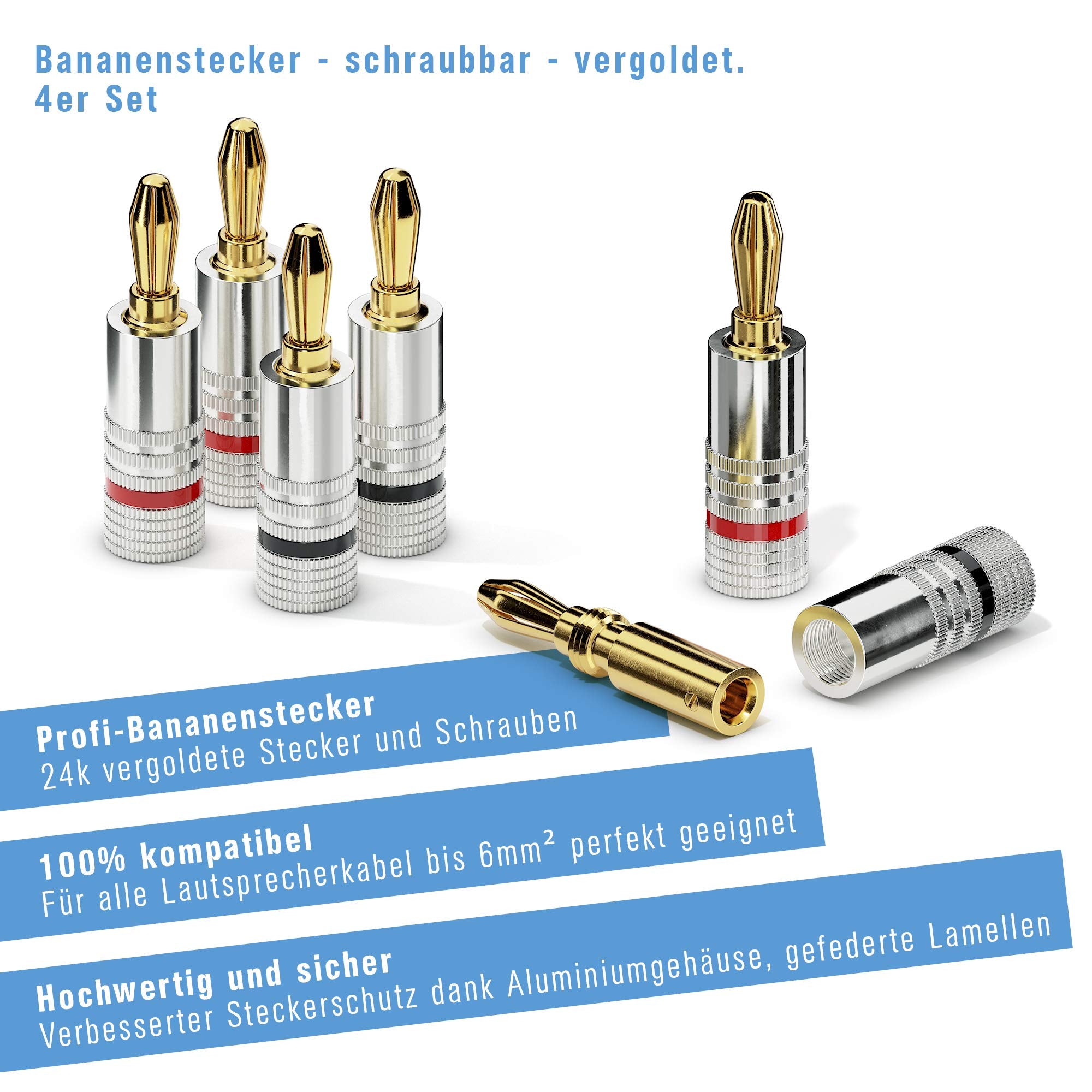 sonero® Bananenstecker 4er-Set, für alle Lautsprecherkabel mit einem Durchmesser bis max. 6mm², 4 Stück mit Farbcodierung (12x rot, 12x schwarz), 24k vergoldet