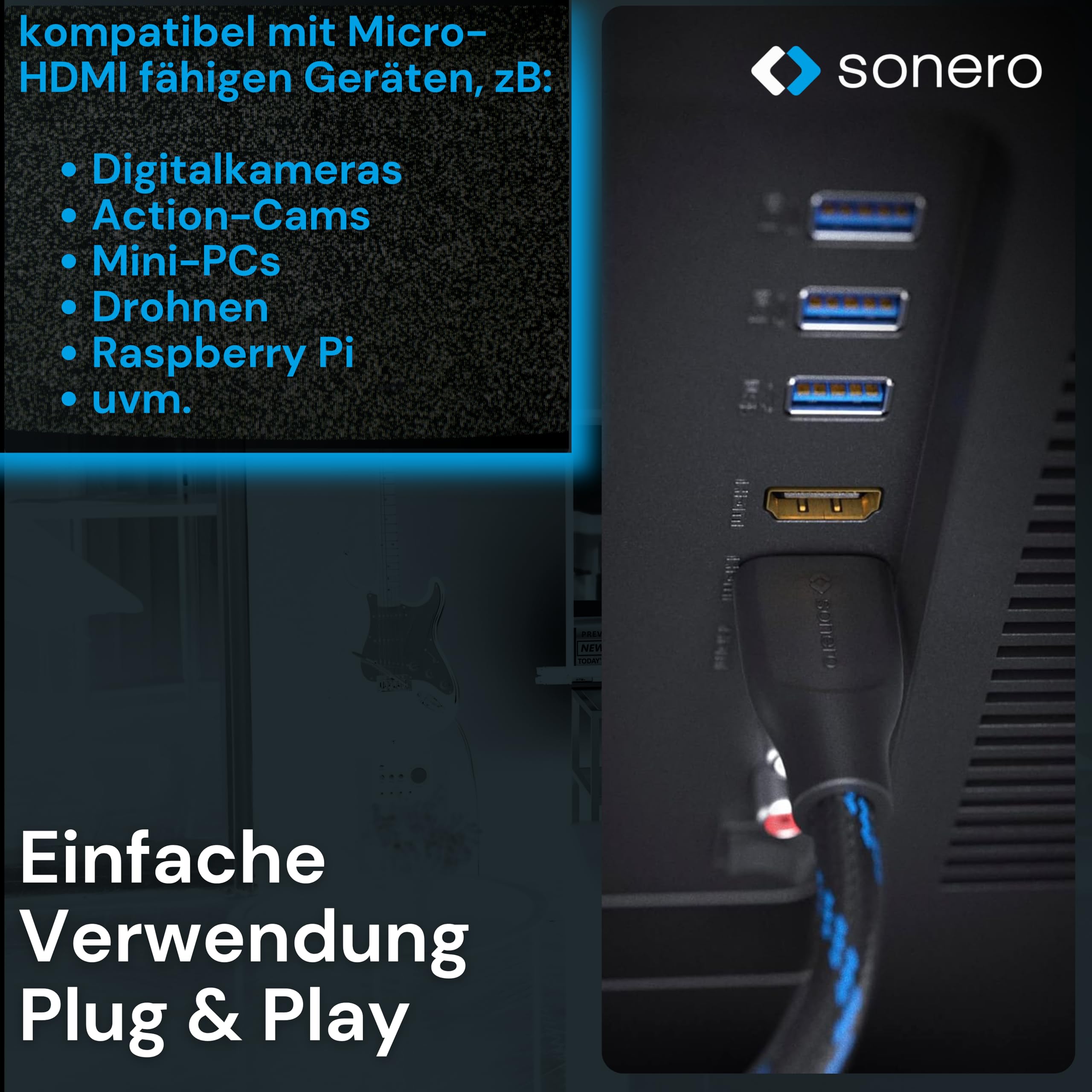 Sonero® 4K Micro HDMI auf HDMI-Kabel, Premium High Speed, 4K 60Hz, Micro HDMI Stecker auf HDMI Stecker, vergoldete Kontakte, zweifache Abschirmung, Baumwollmantel, 1,50m