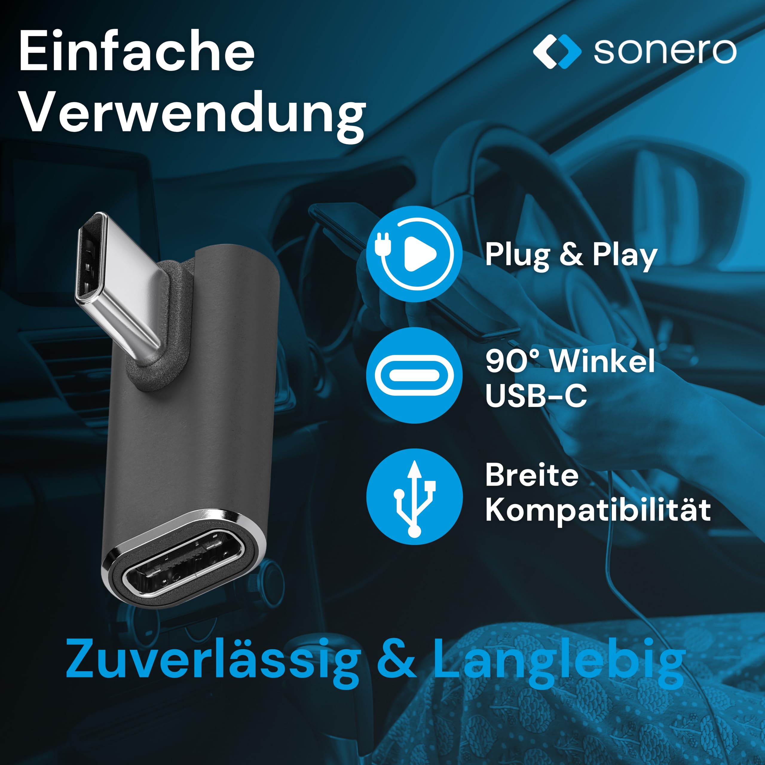 Sonero USB-C Stecker auf 90° Winkel USB-C Buchse (1er), Adapter, 40Gbps, 240W, 8K60Hz, Aluminium Gehäuse, schwarz