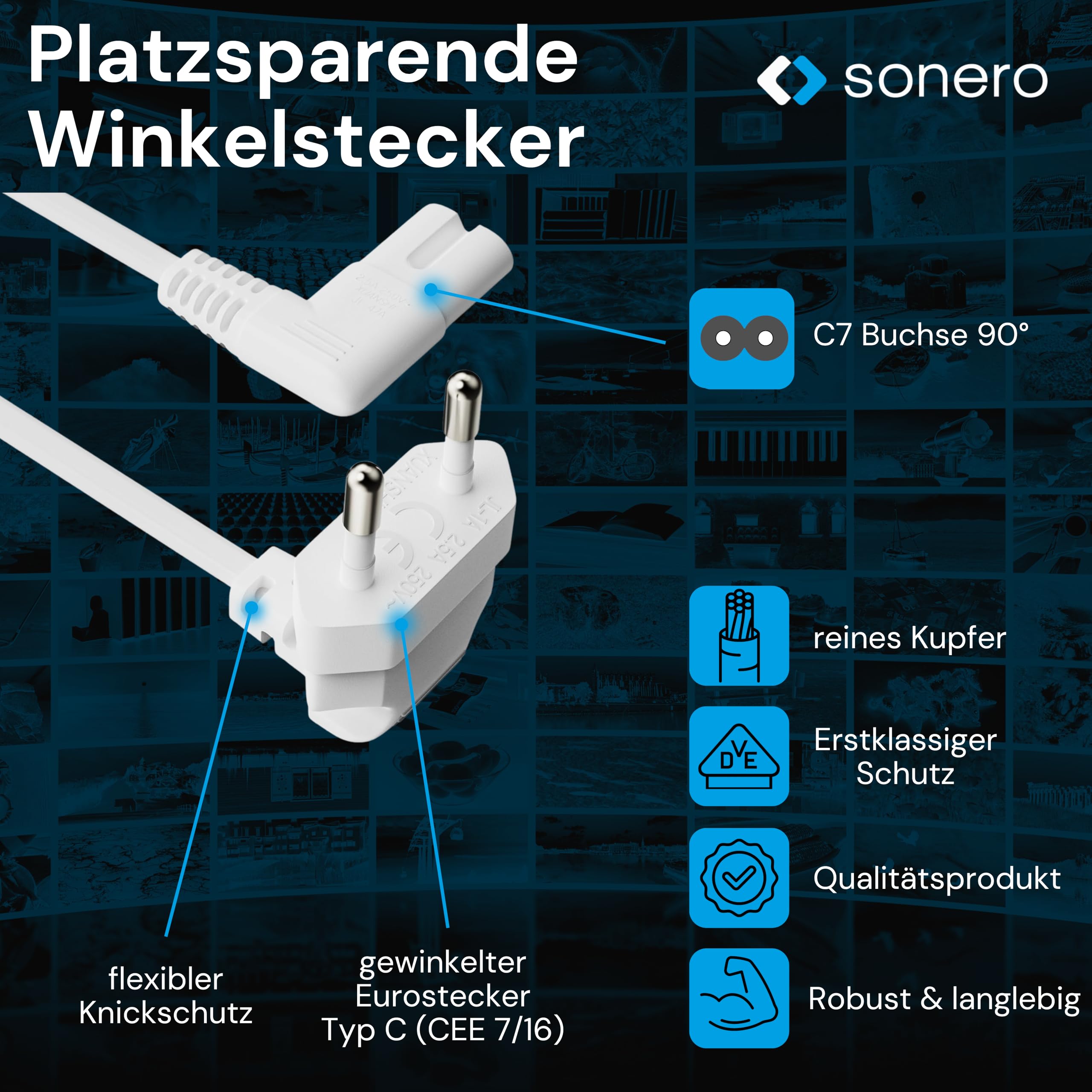sonero Stromkabel Netzkabel 2 Polig, 1.50m, Eurostecker Typ C Netzstecker auf IEC Buchse C7 Euro 8 Stecker, 90° Winkel Netzteil Strom Kabel für TV, PS5, PS4, PS3, Haushaltsgeräte, weiß