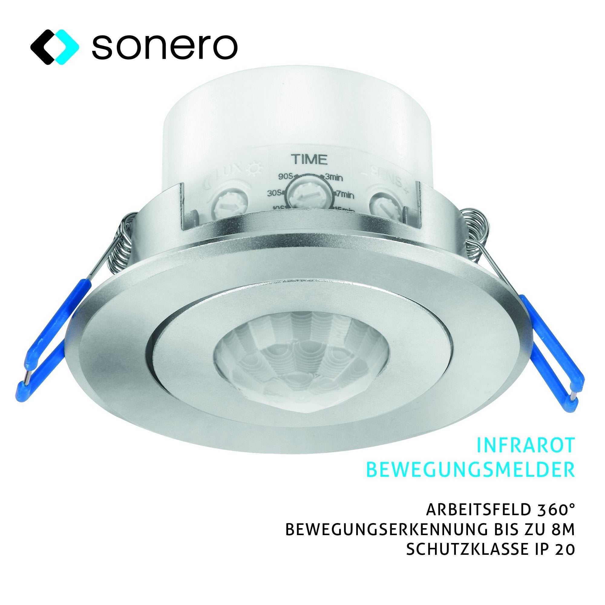 Sonero IMS090 Deckeneinbau-Bewegungsmelder – Innenmontage zum Deckeneinbau, Farbe: Aluminium, Schutzklasse: IP20, 360Degree / 3-8m Arbeitsfeld X-IMS090 1 stück