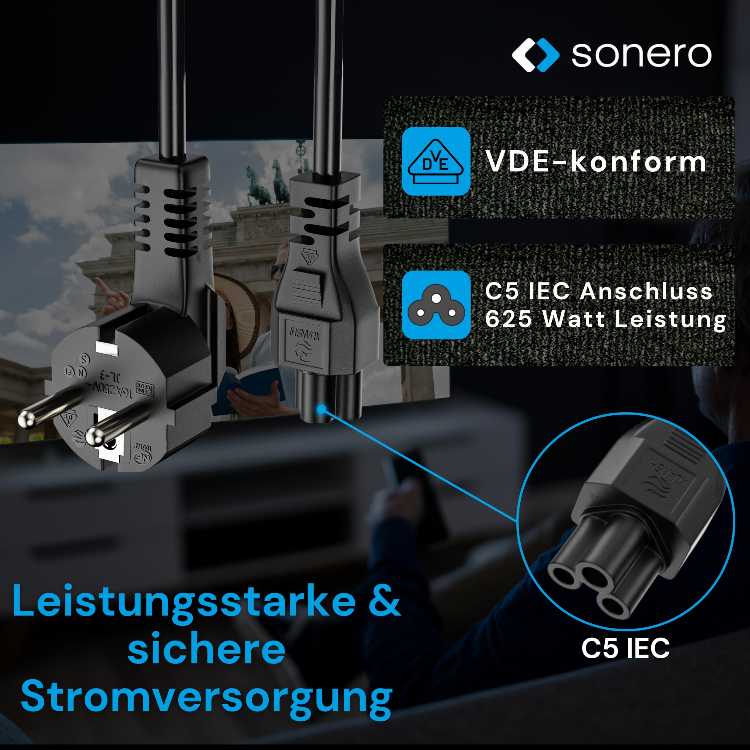 sonero Stromkabel 3 Polig, 3,0m, Schutzkontakt Stecker Netzstecker auf C5 Buchse,Netzkabel Netzteil Strom Kabel für Monitor PC Laptop, Schwarz