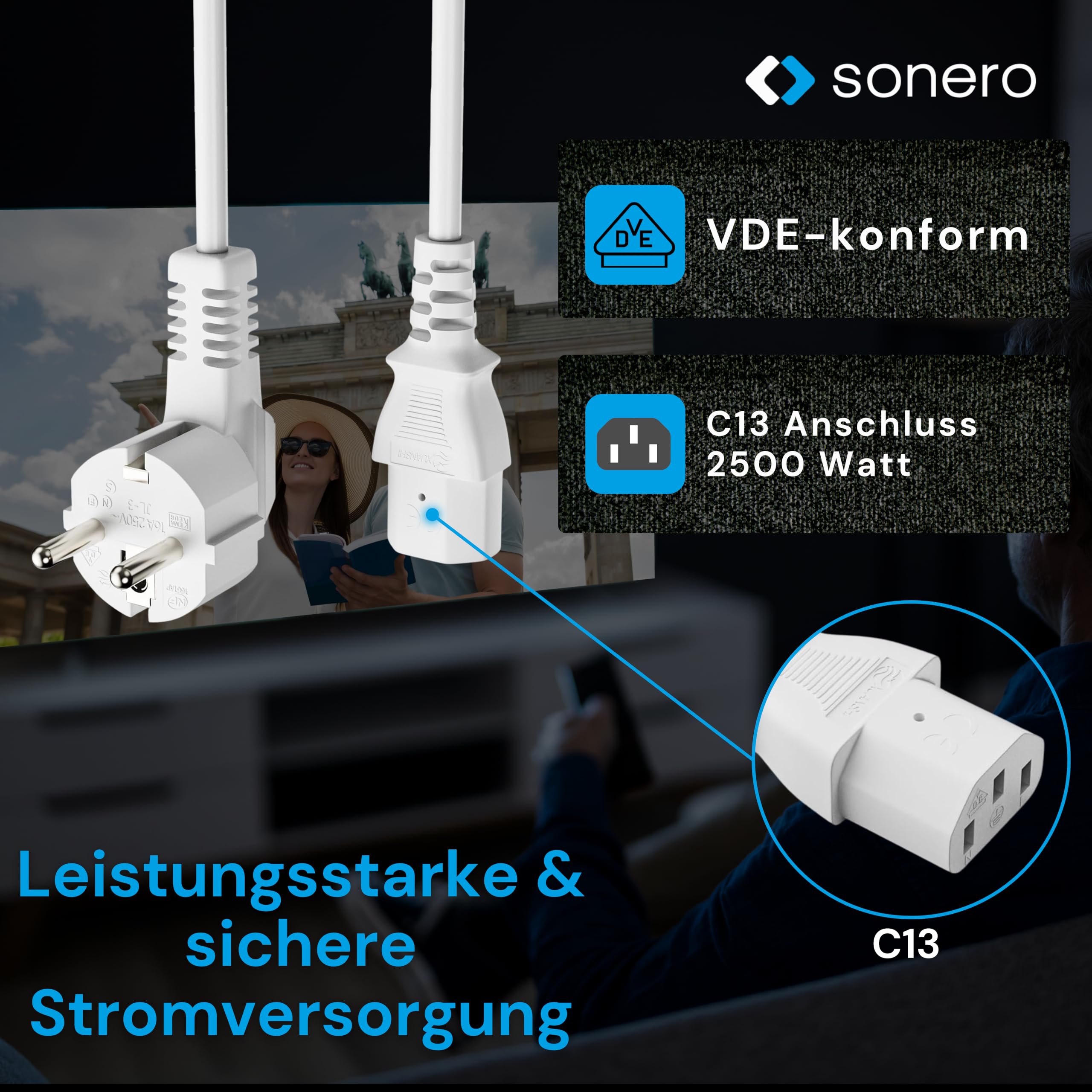 sonero Stromkabel Kaltgerätekabel 3 Polig, 2,0m, 90° Winkel Schutzkontakt Stecker Netzstecker auf Kaltgerätekupplung C13 Buchse, Netzkabel Netzteil Strom Kabel für Monitor PC Drucker, Weiß