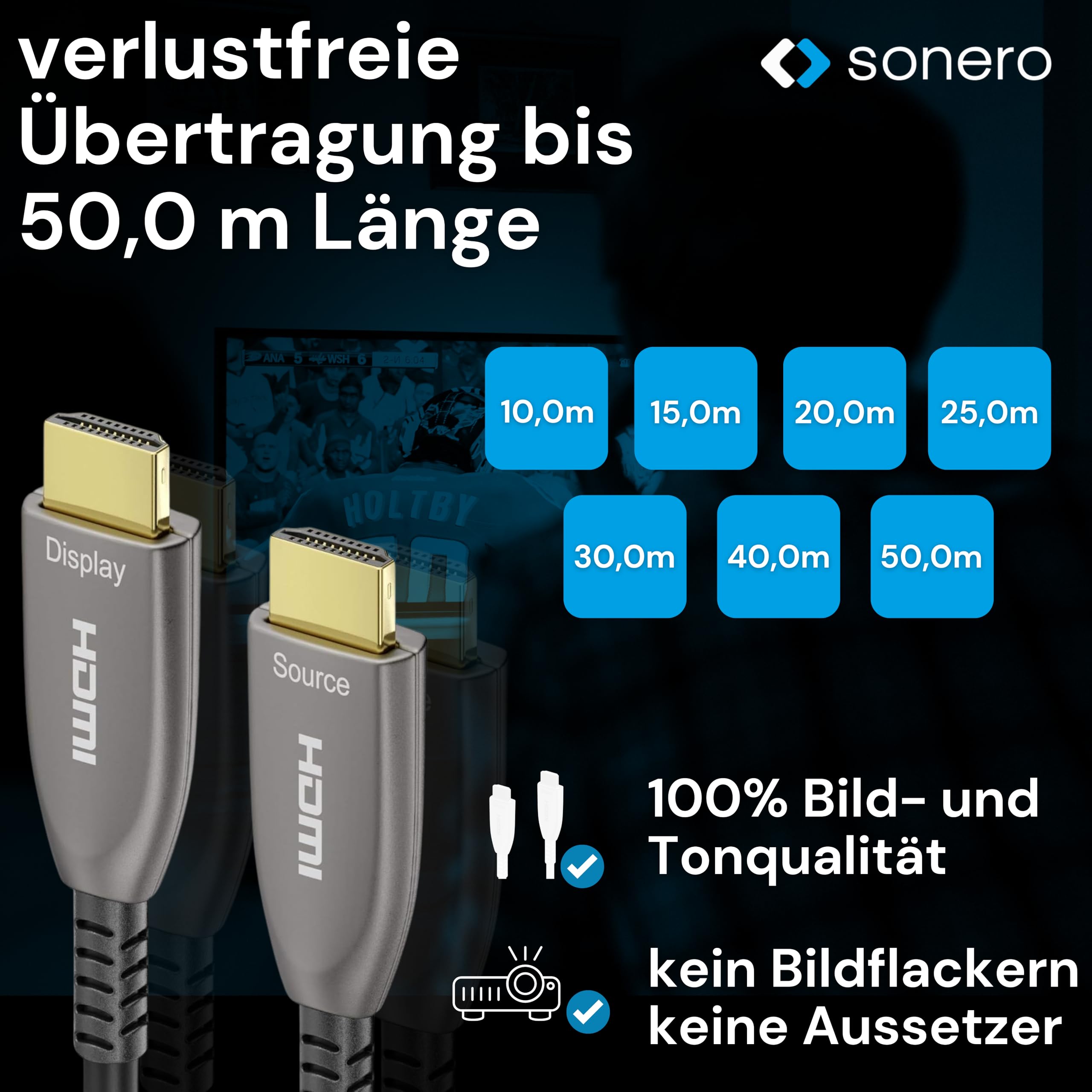 Sonero 40m HDMI Kabel 2.0b, Glasfaser Hybrid, UHD 2160P, 4K60Hz, 4:4:4, HDR, 18Gbps, schwarz