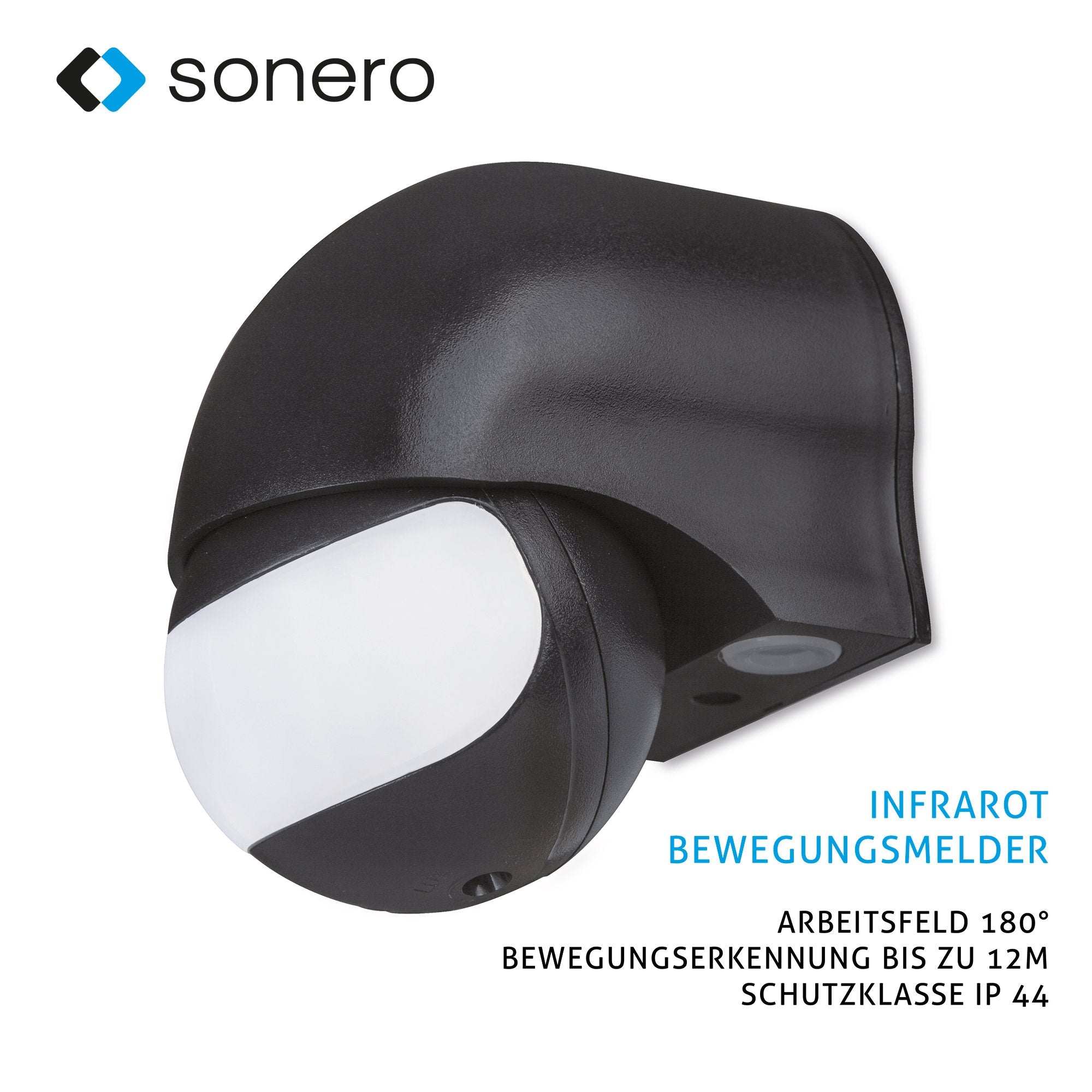 Sonero IMS011 Infrarot-Bewegungsmelder - Innen- / Auߟenmontage, Schutzklasse: IP44, 180Degree / 12m Arbeitsfeld, schwarz (1 Stück) X-IMS011