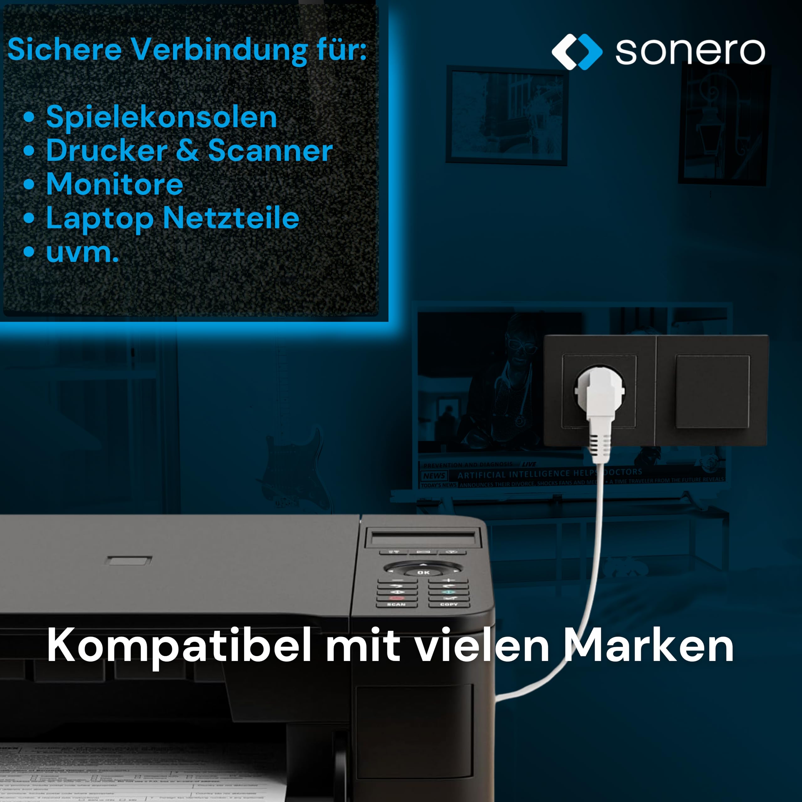 sonero Stromkabel Kaltgerätekabel 3 Polig, 10,0m, Schutzkontakt Stecker Netzstecker auf Kaltgerätekupplung C13 Buchse, 90° Winkel Netzkabel Netzteil Strom Kabel für Monitor PC Drucker, Weiß