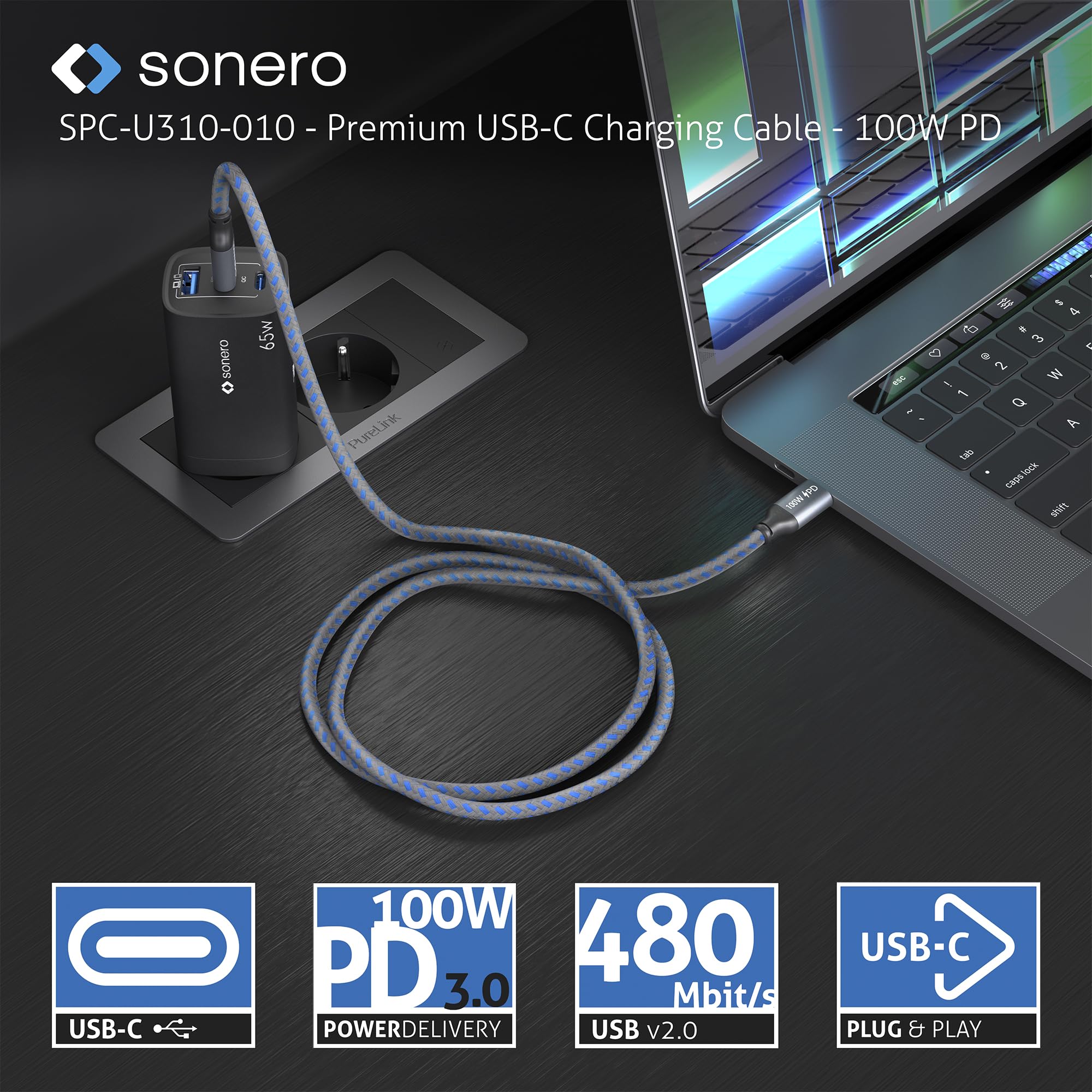 Sonero® USB-C Ladekabel, Handy-Ladekabel, Schnellladekabel, Kabel Typ C, USB 2.0, 100W PD, grau/blau, 0,50m