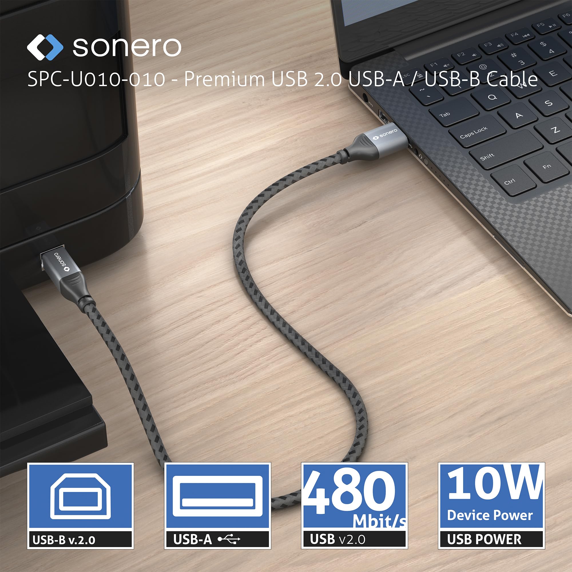 Sonero® USB 2.0 Kabel, Verbindungskabel, Druckerkabel, A-Stecker auf B-Stecker, 480 MB/s, space grey/schwarz, 1,00m