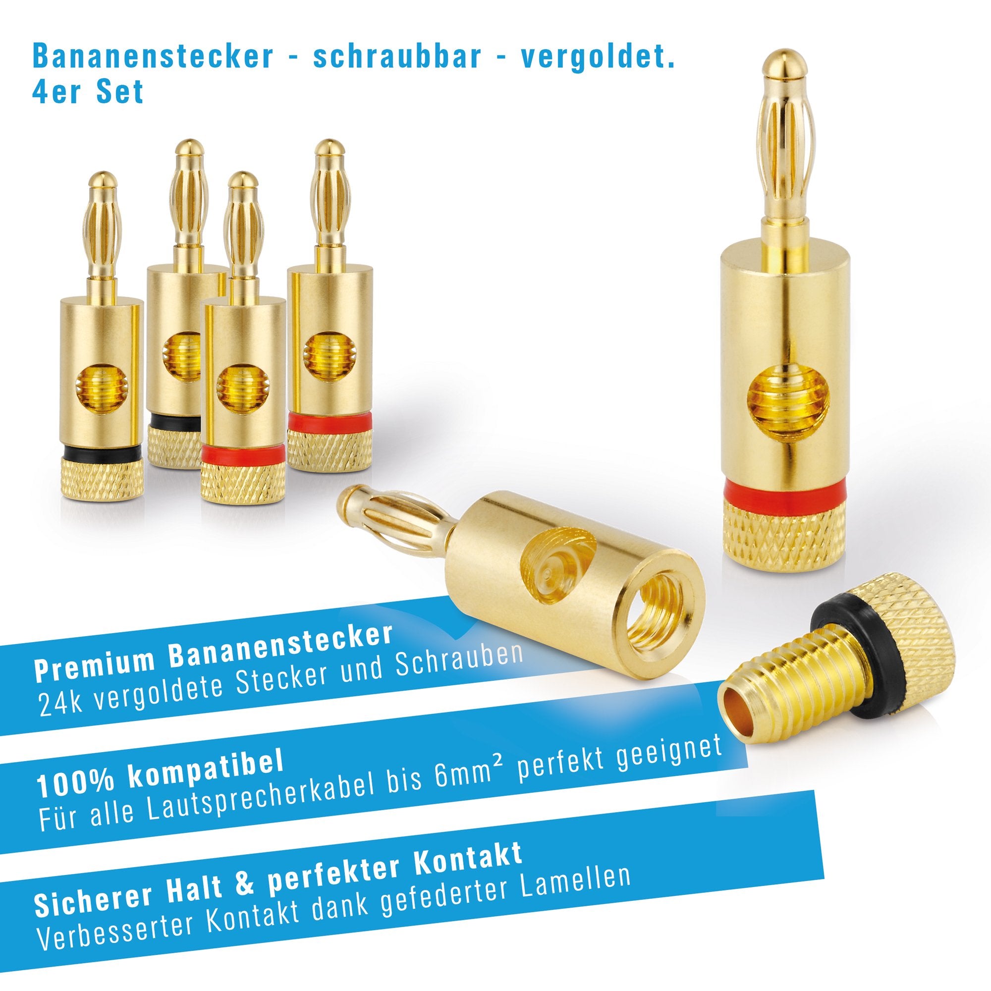 Sonero Bananenstecker Premium (4er-Set) für alle Lautsprecherkabel mit einem Durchmesser von max. 6mm², 4 Stück mit Farbcodierung (2x rot, 2x schwarz), 24k vergoldet