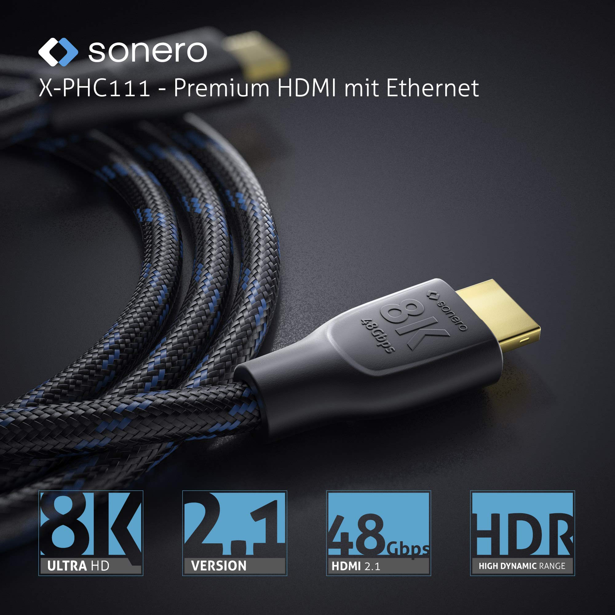 Sonero PHC111-020 8K Ultra High Speed HDMI Kabel mit Ethernet, Nylongeflecht, vergoldete Anschlüsse (8K UltraHD, 4K 3D mit 50Hz/60Hz, 48Gbps Full Bandwith, Dynamic HDR), 2,0m