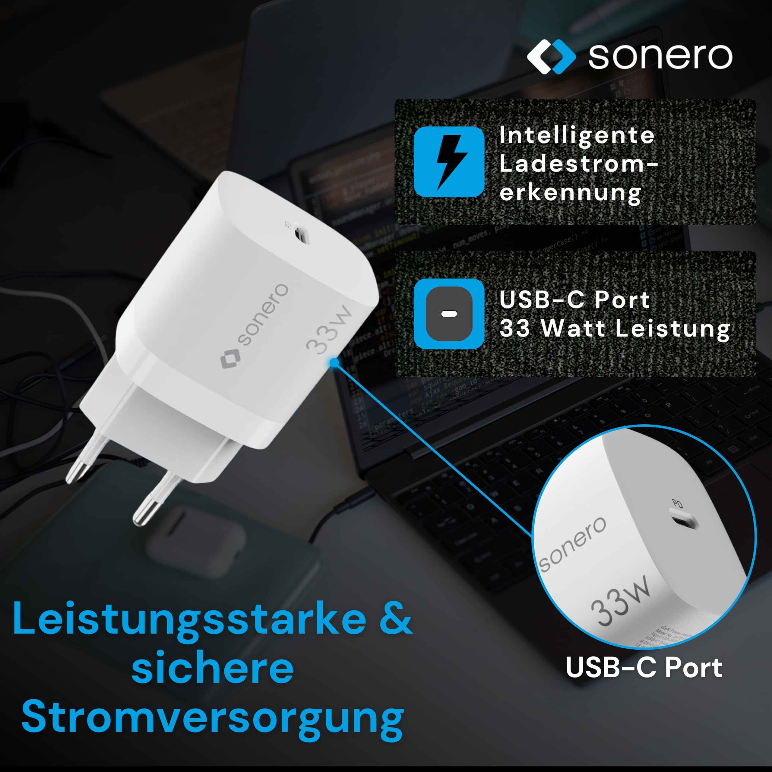 sonero USB C Ladegerät, Ladestecker Adapter, Netzteil 33 Watt Schnellladegerät kompatibel mit Apple iPhone 15, Samsung, Tablet, Laptop UVM, GaN PD Charger, Weiß