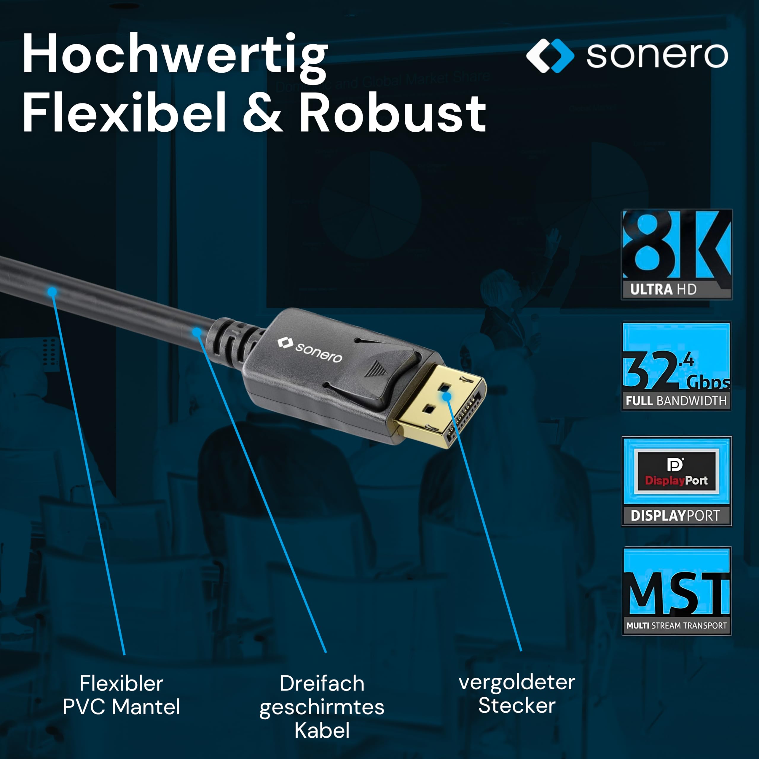 Sonero® 1,8m DisplayPort Kabel 1.4, DisplayPort auf DisplayPort, 8K 60hz, schwarz