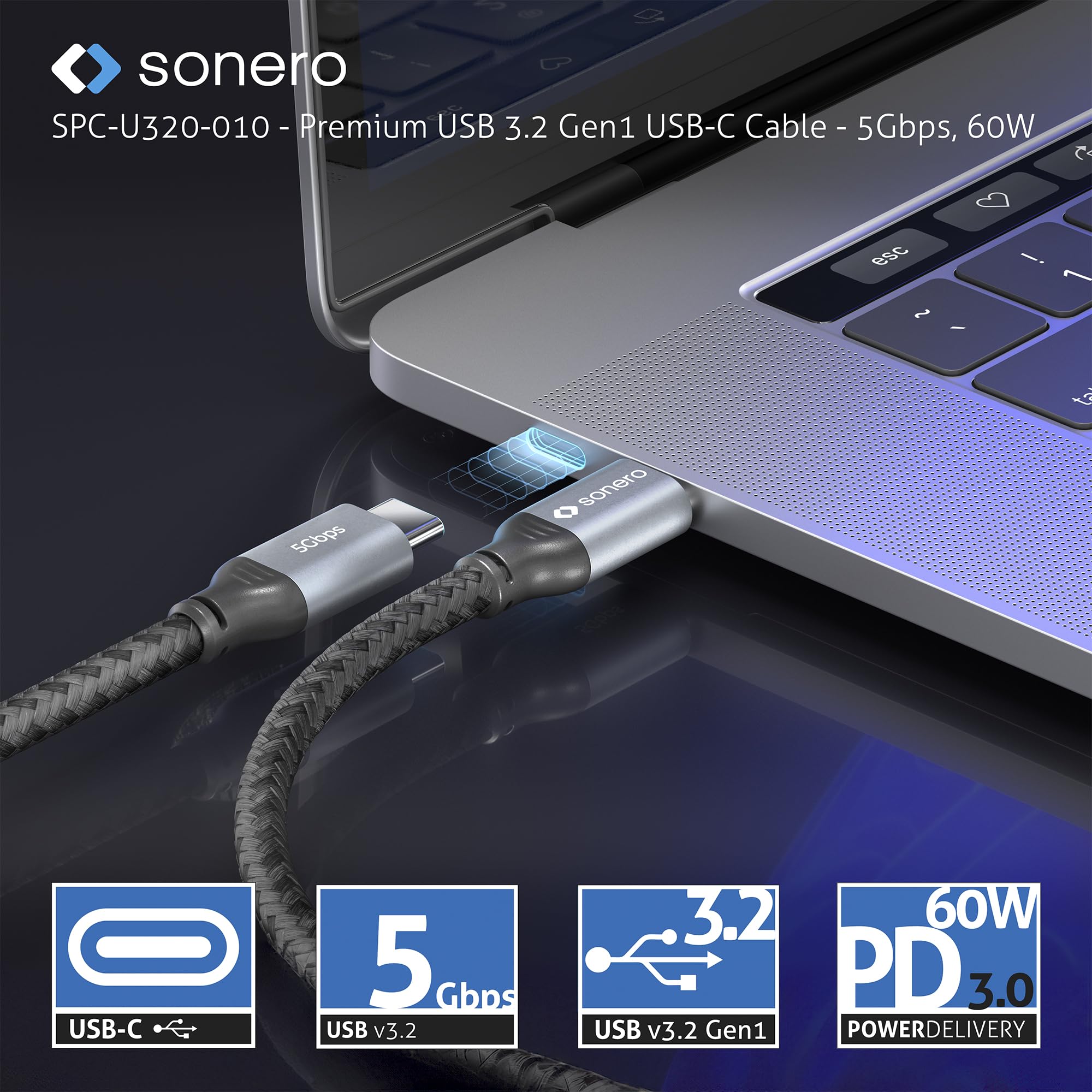 Sonero® USB-C auf USB-C Kabel, 4K 60Hz Bildübertragung, USB 3.2 Gen 1, DP Alt Mode, 5 GB/s Datenübertragung, 3A/20V/60W, grau/schwarz, 1,00 m