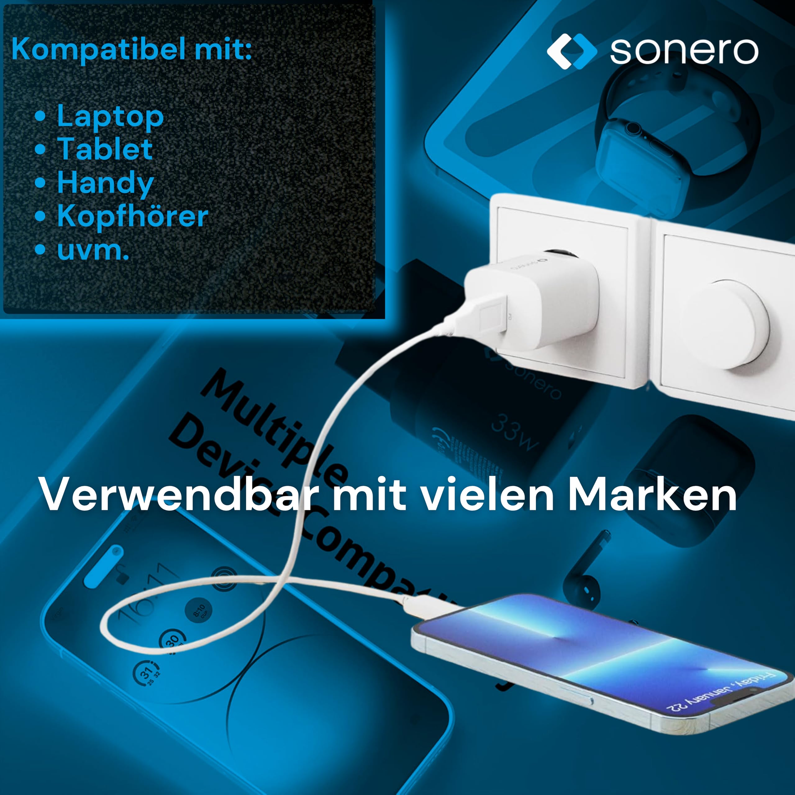 sonero USB C Ladegerät, Ladestecker Adapter, Netzteil 33 Watt Schnellladegerät kompatibel mit Apple iPhone 15, Samsung, Tablet, Laptop UVM, GaN PD Charger, Weiß