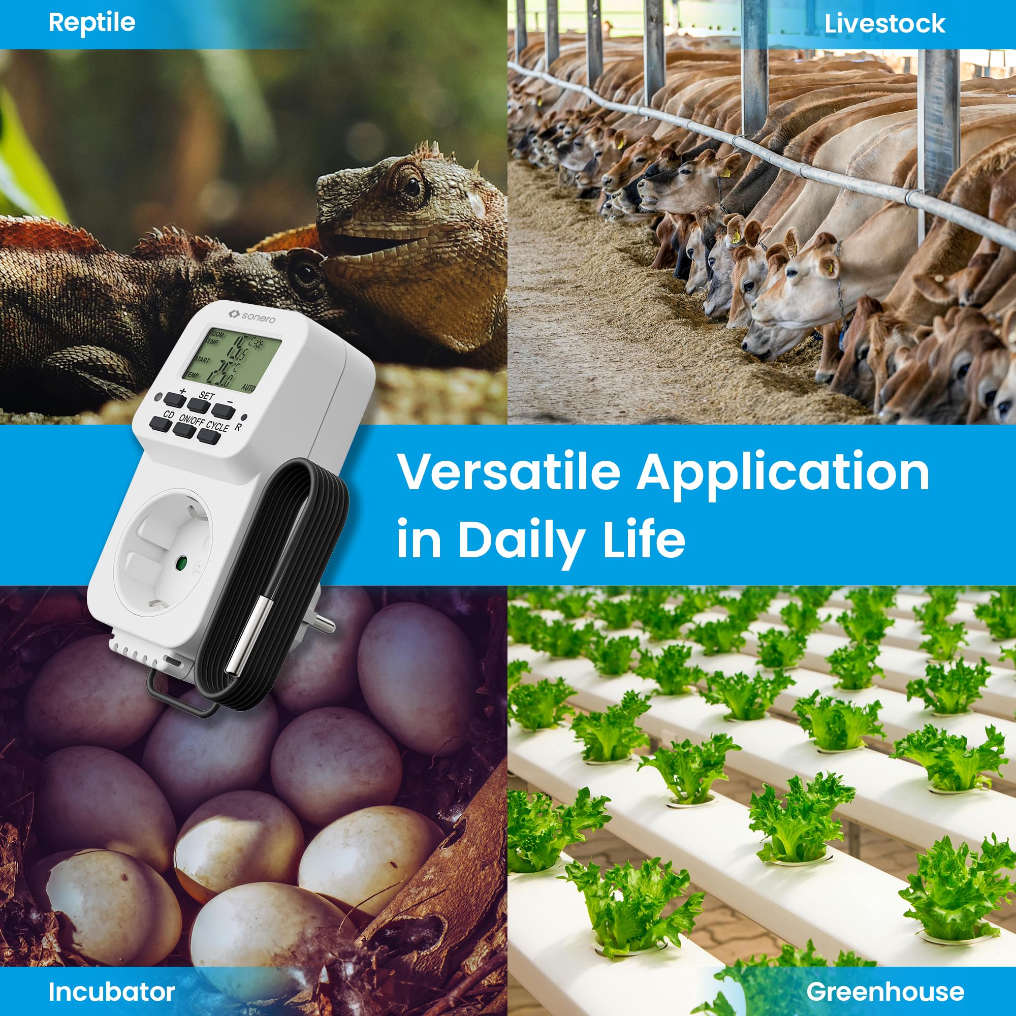 sonero digitales Thermostat Steckdose, Temperaturregler, Heizung, Kühlung, zeitgesteuert mit externem Fühler, für Terrarium, Gewächshaus, Räucherofen, als Frostwächter, 3600 Watt, weiß