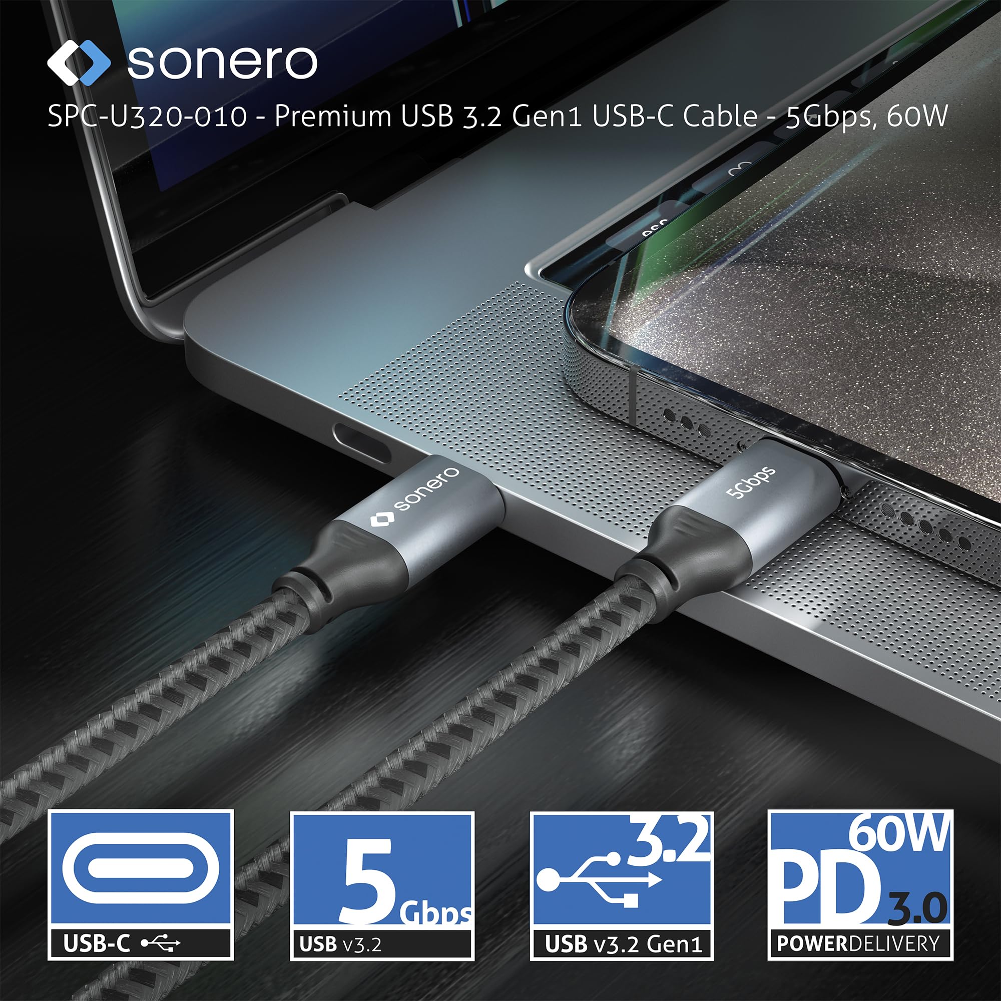 Sonero® USB-C auf USB-C Kabel, 4K 60Hz Bildübertragung, USB 3.2 Gen 1, DP Alt Mode, 5 GB/s Datenübertragung, 3A/20V/60W, grau/schwarz, 1,00 m