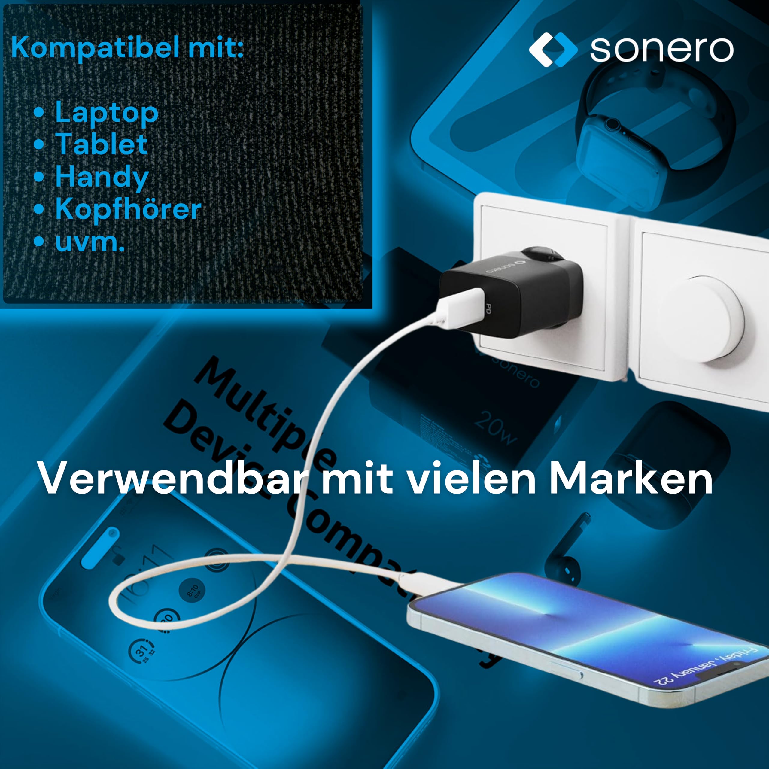 sonero USB C Ladegerät, Ladestecker Adapter, Netzteil 20 Watt Schnellladegerät kompatibel mit Apple iPhone 15, Samsung, Tablet, Laptop uvm, Mehrfach PD Charger, Schwarz