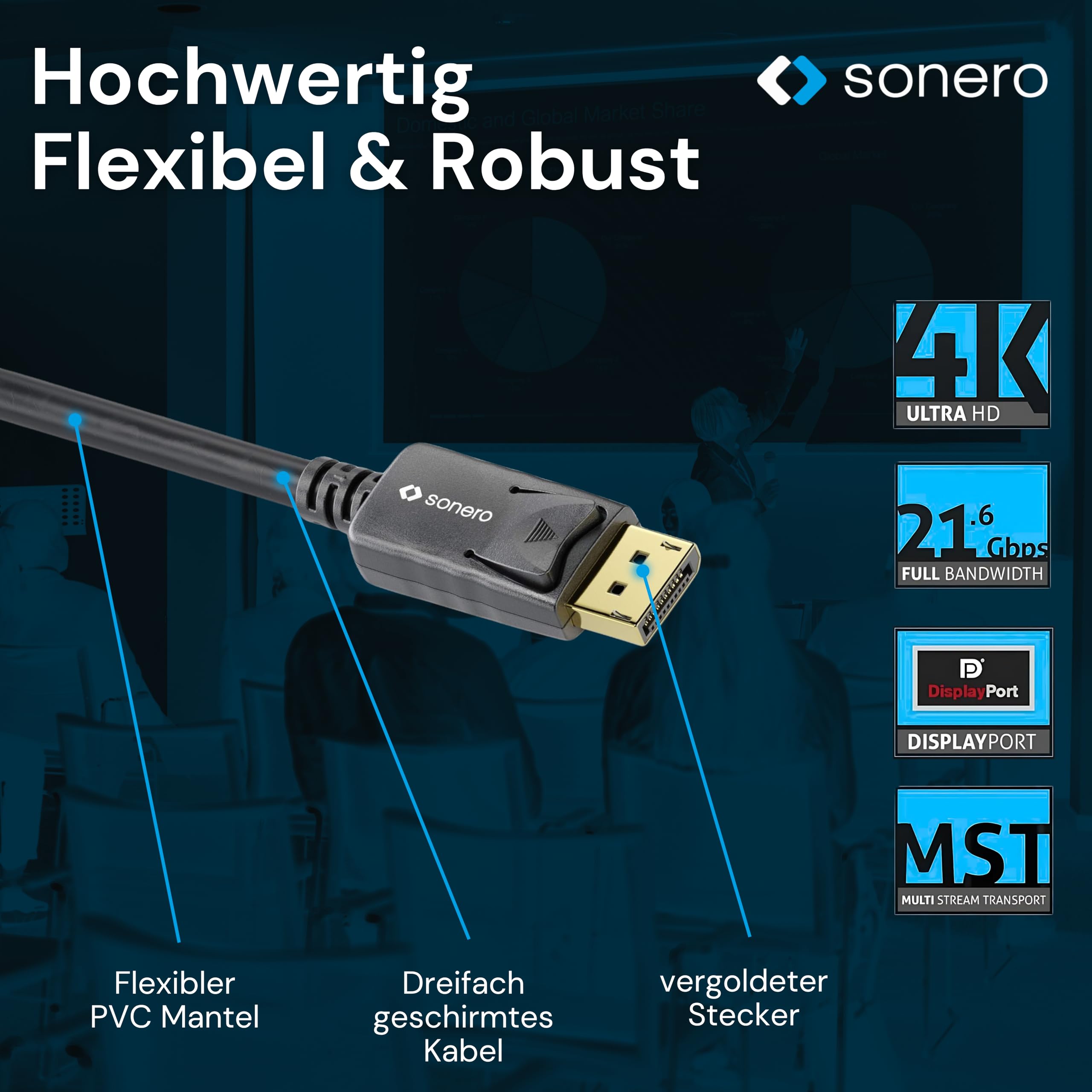 Sonero® 5m DisplayPort Kabel 1.2, DisplayPort auf DisplayPort, 4K 60 Hz, 2K 144Hz, schwarz