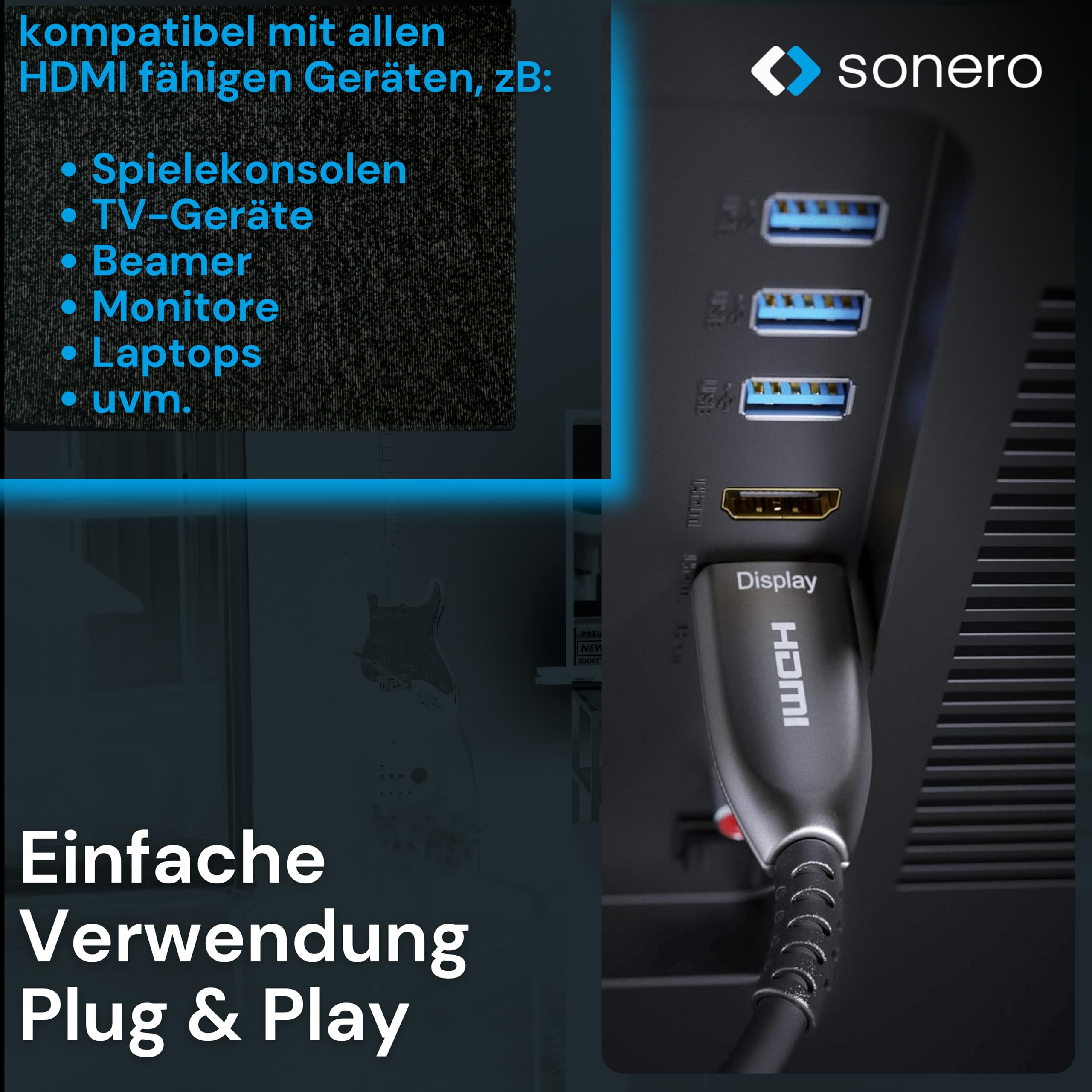 Sonero 25m HDMI Kabel 2.0b, Glasfaser Hybrid, UHD 2160P, 4K60Hz, 4:4:4, HDR, 18Gbps, schwarz