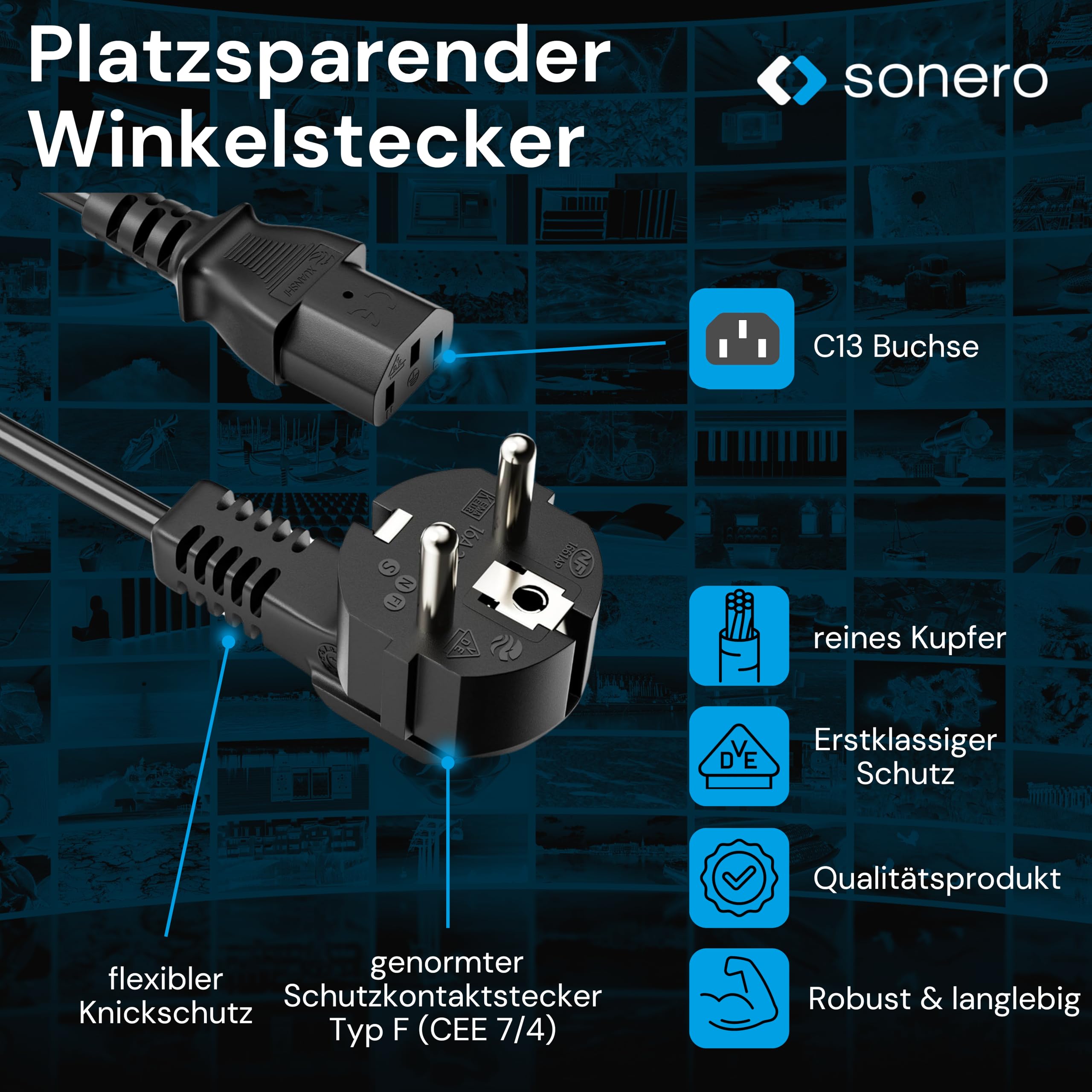 sonero Stromkabel Kaltgerätekabel 3 Polig, 15,0m, 90° Winkel Schutzkontakt Stecker Netzstecker auf Kaltgerätekupplung C13 Buchse, Netzkabel Netzteil Strom Kabel für Monitor PC Drucker, Schwarz