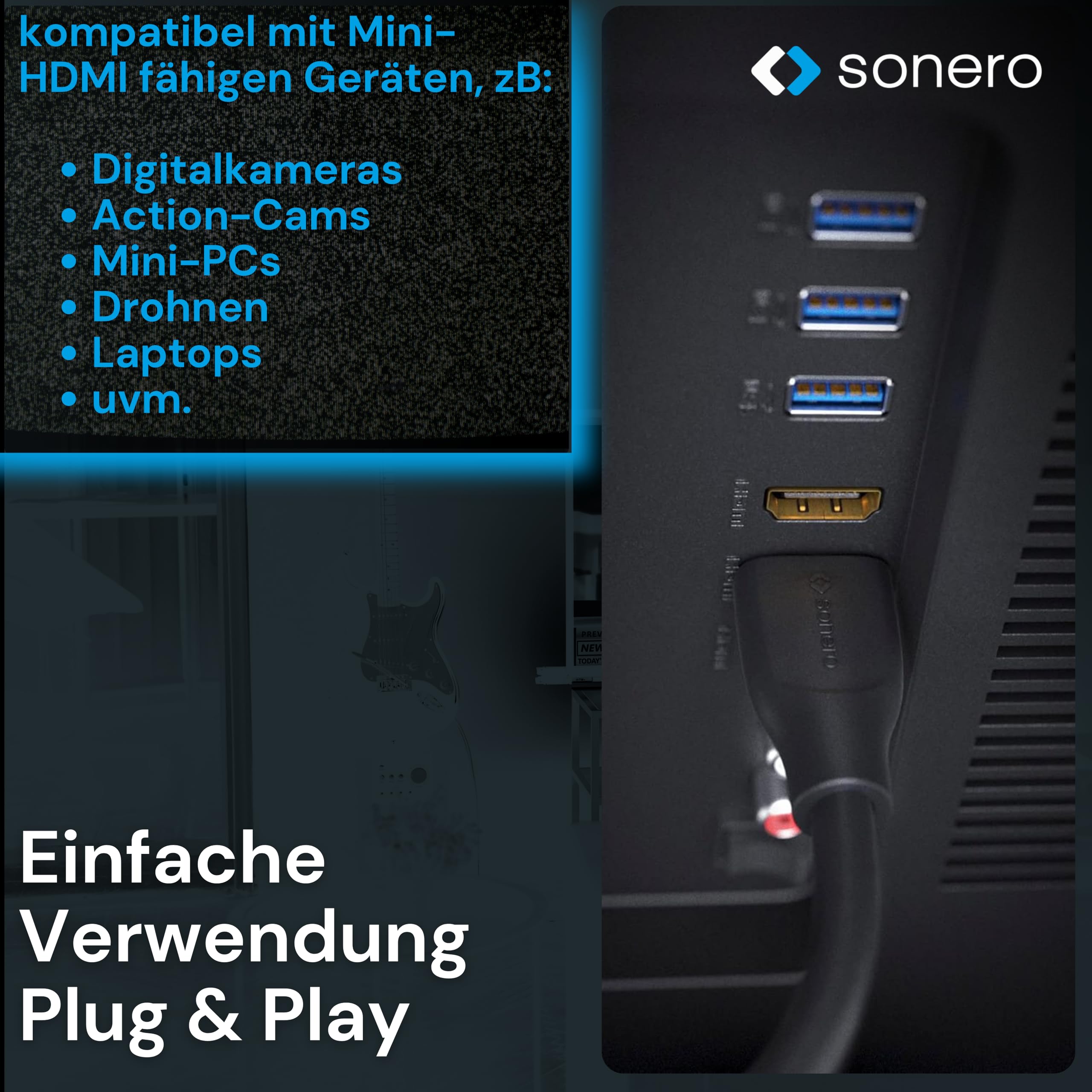 Sonero® 4K Mini HDMI auf HDMI-Kabel, Premium High Speed, 4K 60Hz, Mini HDMI Stecker auf HDMI Stecker, vergoldete Kontakte, zweifache Abschirmung, PVC-Mantel, 3,00m